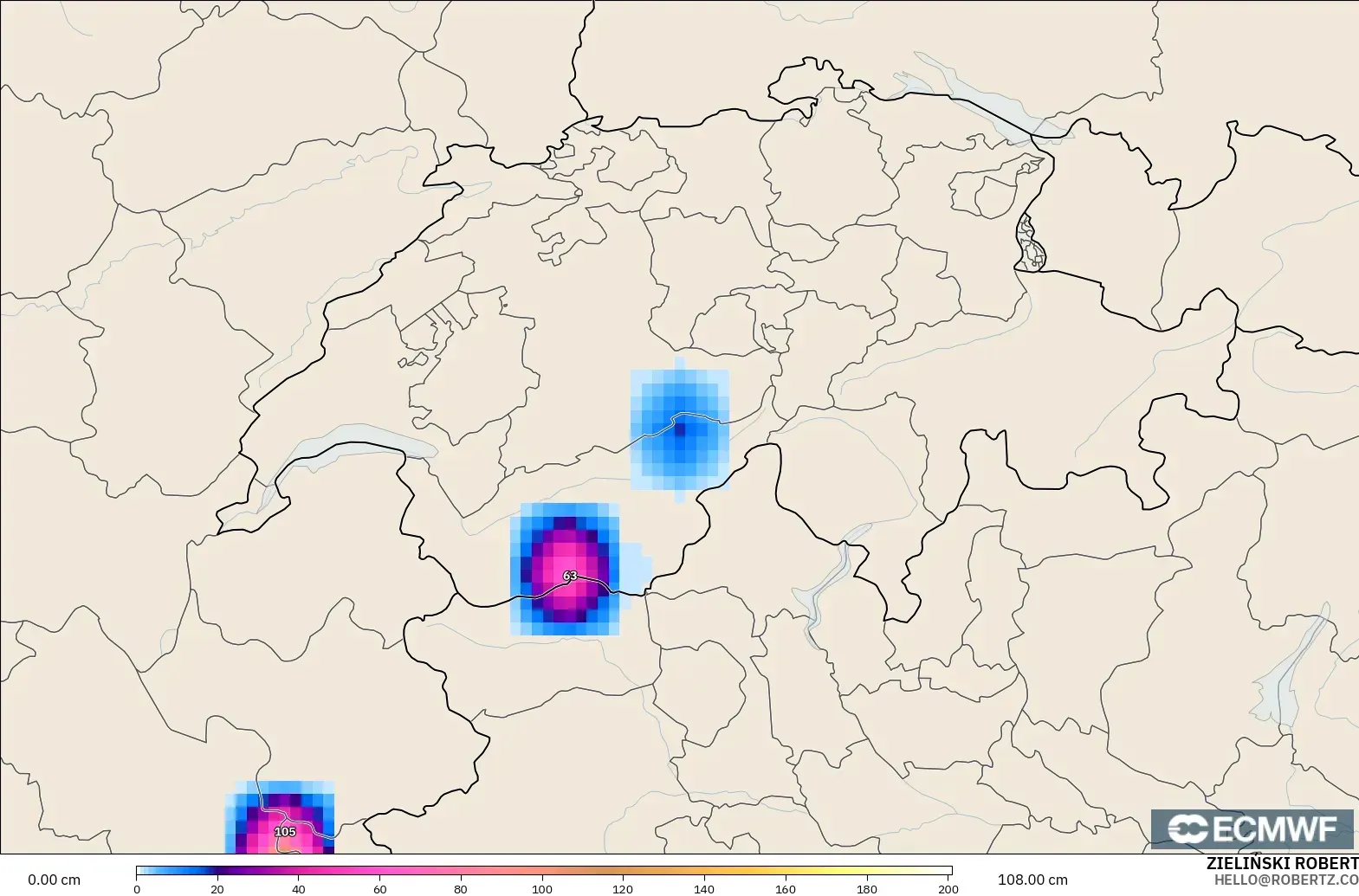 ECMWF IFS 0.25° model - Szwajcaria, Pokrywa śnieżna