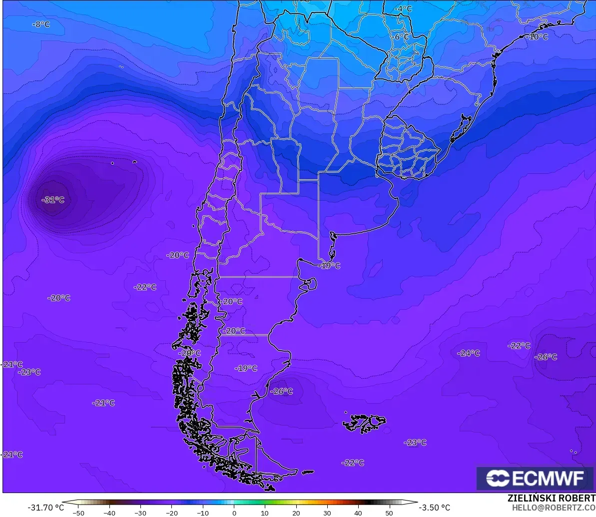 ECMWF IFS 0.25° model - Argentyna, Temperatura na 500 hPa
