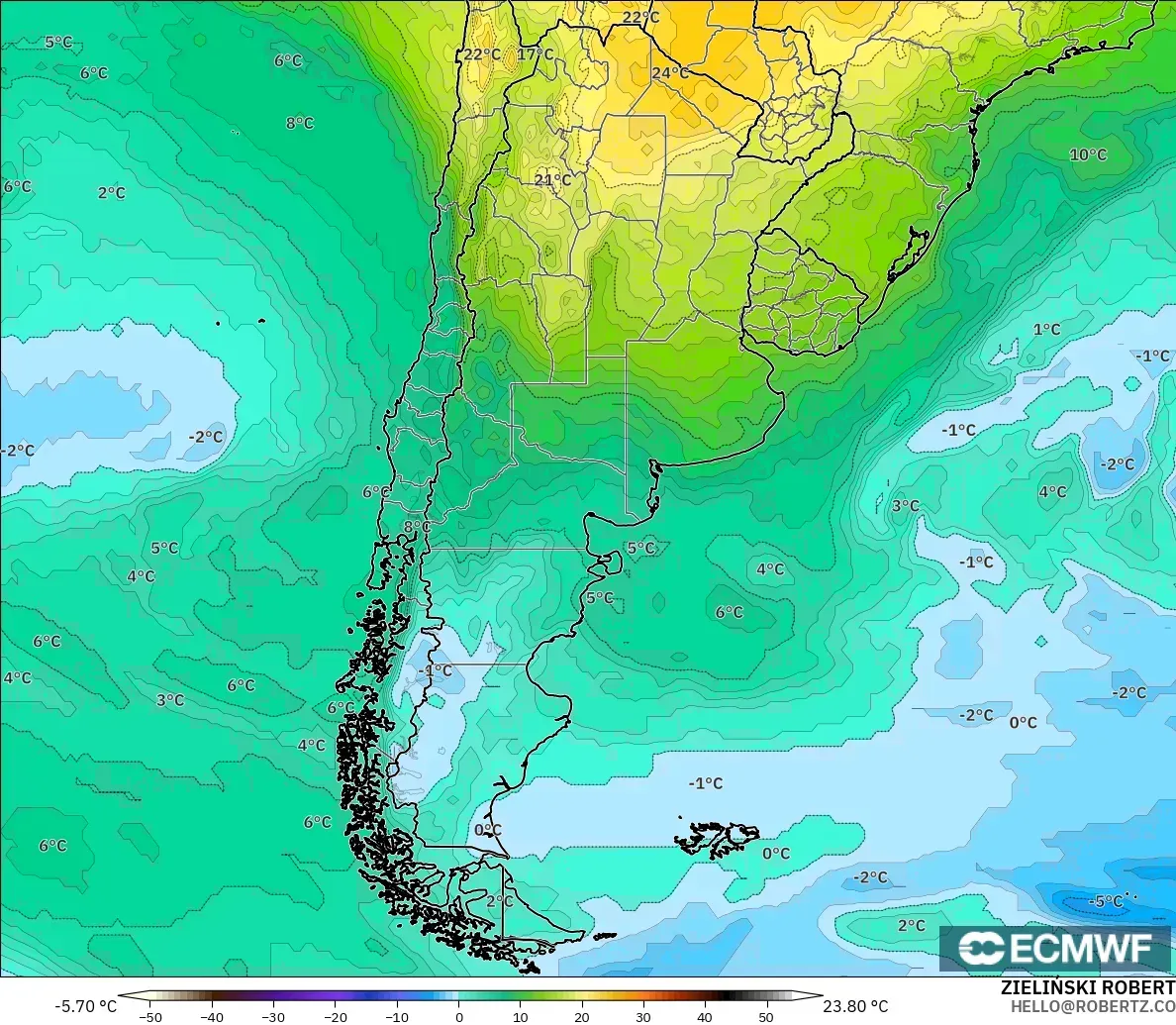 ECMWF IFS 0.25° model - Argentyna, Temperatura na 850 hPa