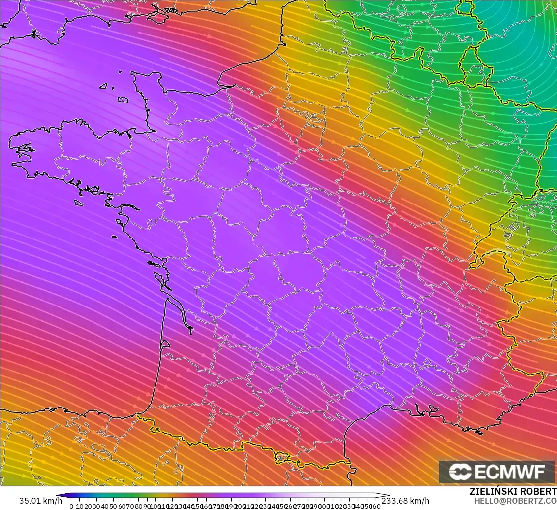 ECMWF IFS 0.25° model - Francja, Wiatr na 300 hPa (prąd strumieniowy)