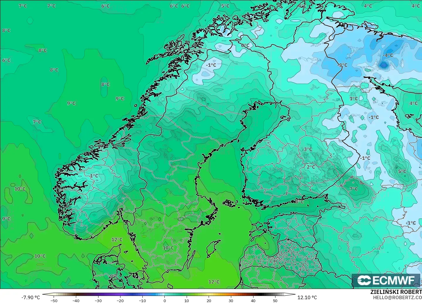 ECMWF IFS 0.25° model - Skandynawia, Punkt rosy na 2 m