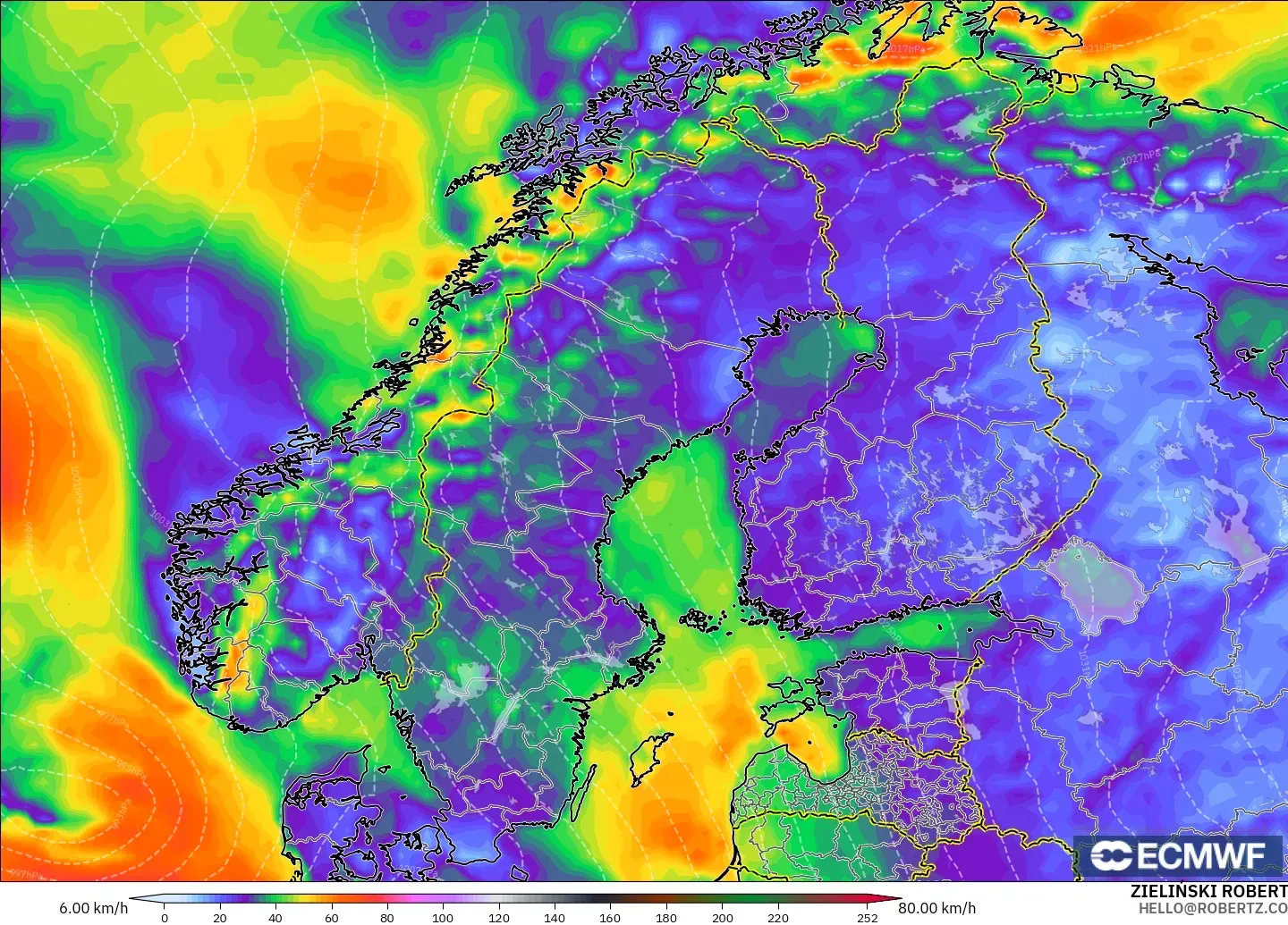 ECMWF IFS 0.25° model - Skandynawia, Porywy wiatru