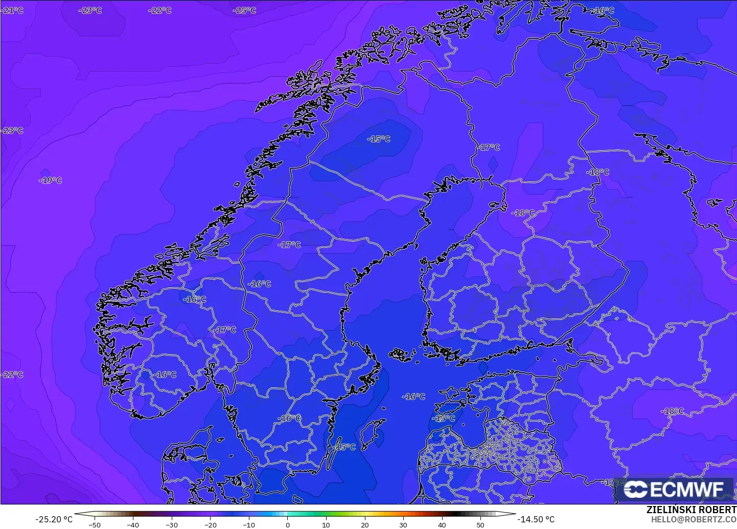 ECMWF IFS 0.25° model - Skandynawia, Temperatura na 500 hPa