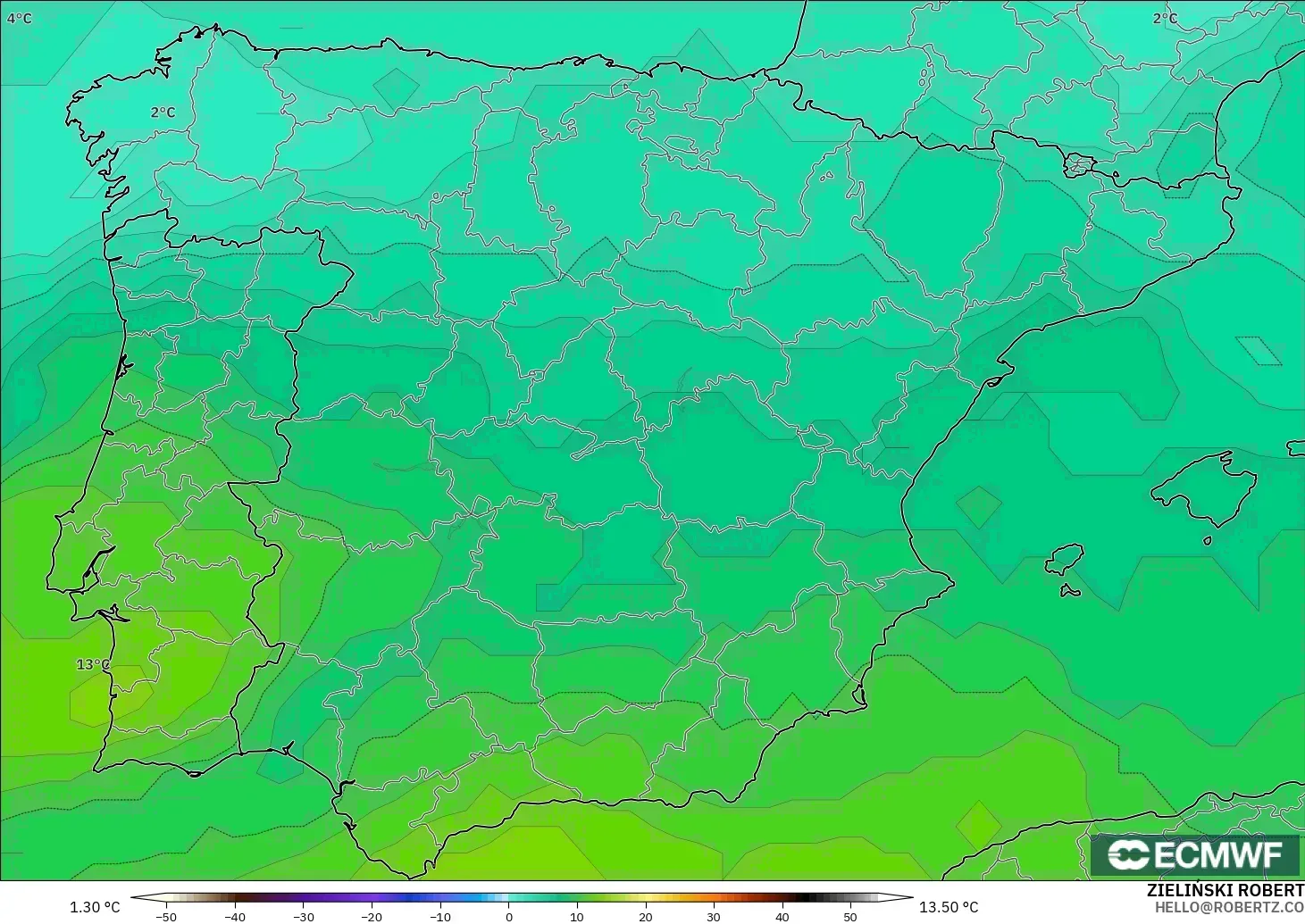 ECMWF IFS 0.25° model - Hiszpania, Temperatura na 850 hPa
