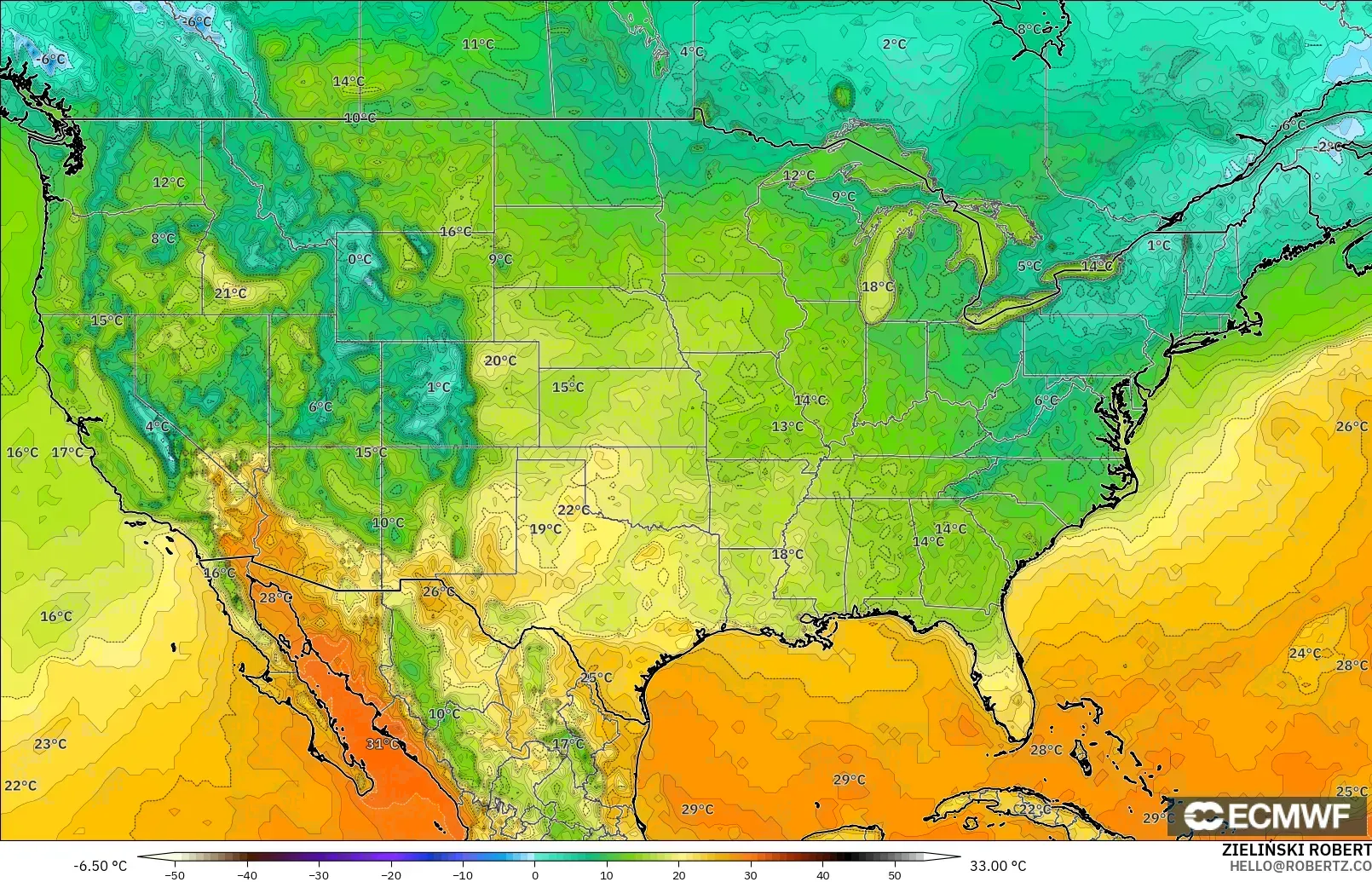 ECMWF IFS 0.25° model - Stany Zjednoczone, Temperatura na 2 m