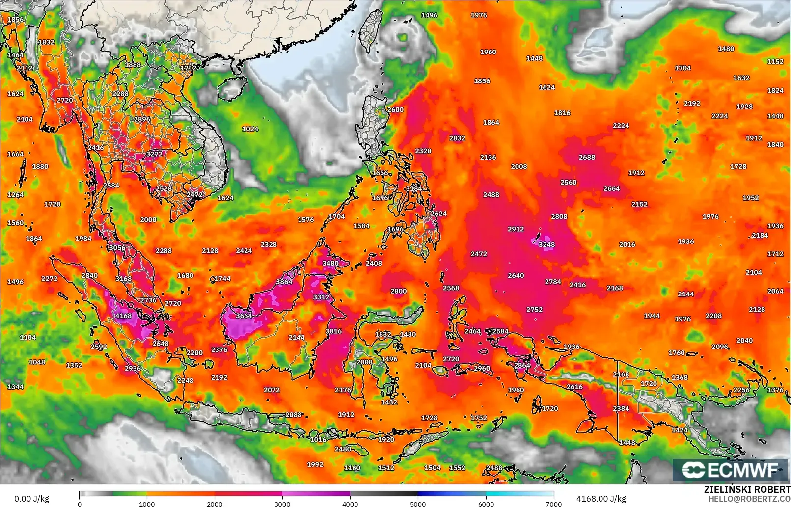 ECMWF IFS 0.25° model - Azja Południowo-Wschodnia, CAPE