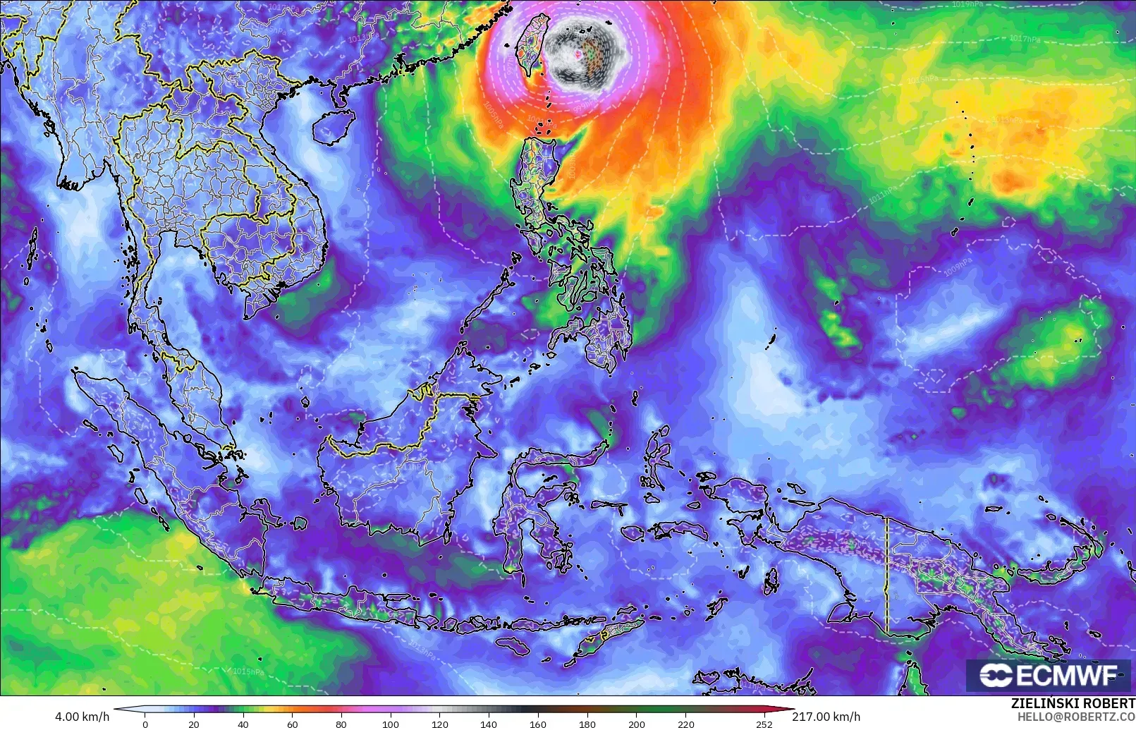 ECMWF IFS 0.25° model - Azja Południowo-Wschodnia, Maksymalne Porywy Wiatru