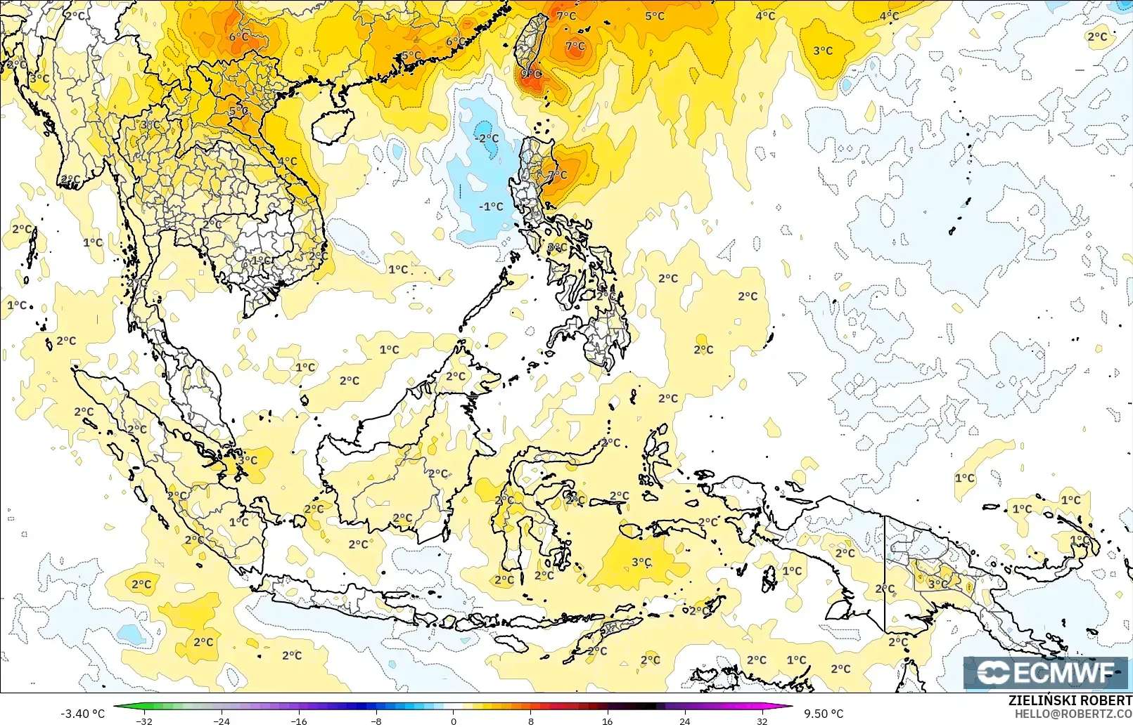 ECMWF IFS 0.25° model - Azja Południowo-Wschodnia, Anomalia temperatury na 850 hPa