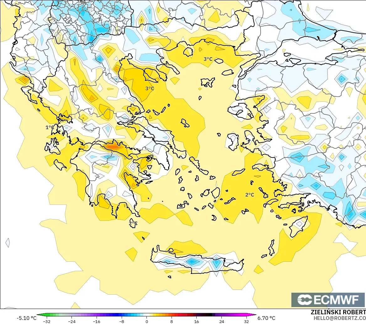 ECMWF IFS 0.25° model - Grecja, Anomalia temperatury na 2 m