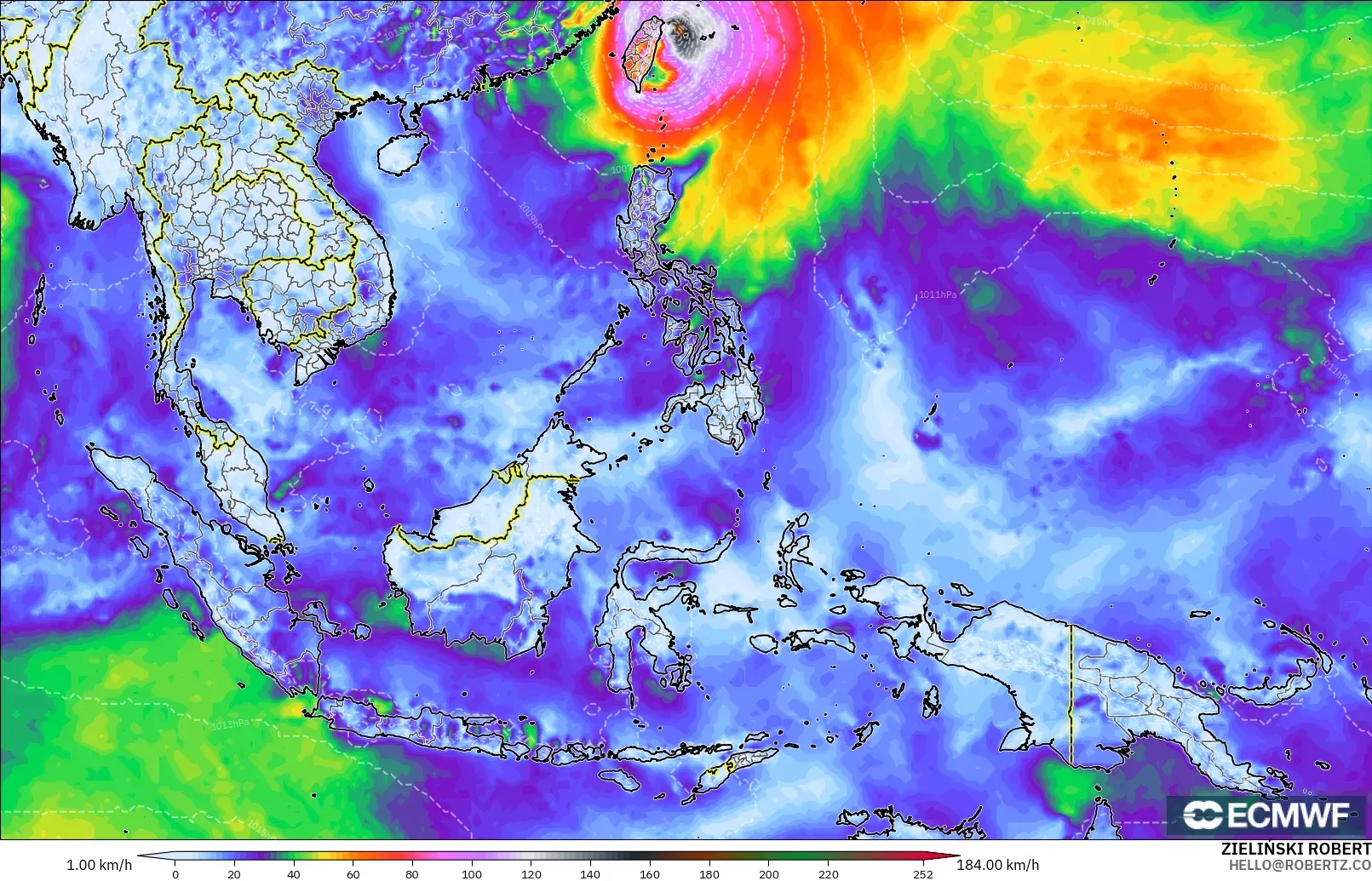 ECMWF IFS 0.25° model - Azja Południowo-Wschodnia, Maksymalne Porywy Wiatru