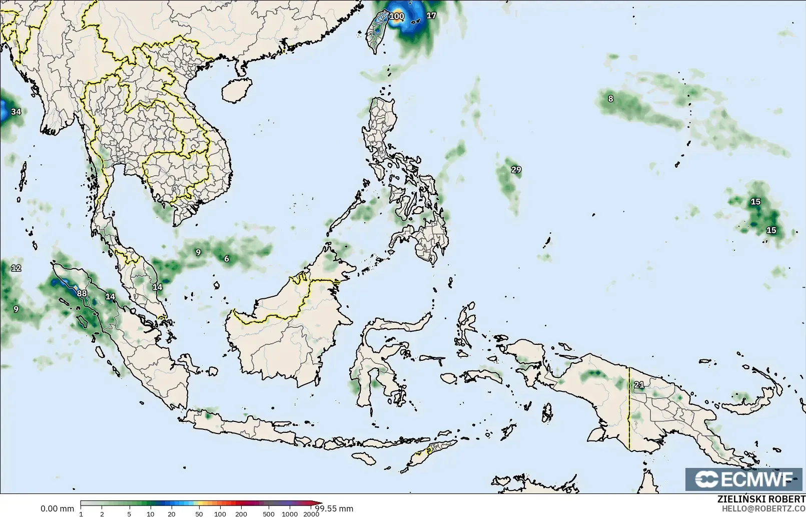 ECMWF IFS 0.25° model - Azja Południowo-Wschodnia, Suma opadów