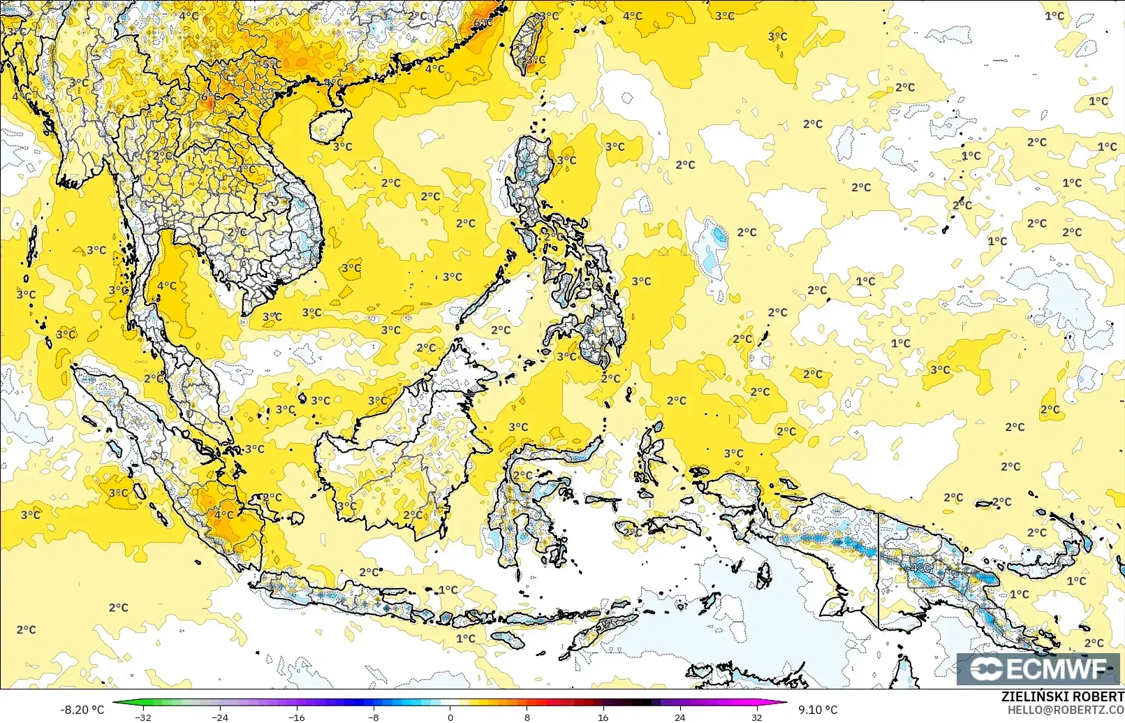 ECMWF IFS 0.25° model - Azja Południowo-Wschodnia, Anomalia temperatury na 2 m