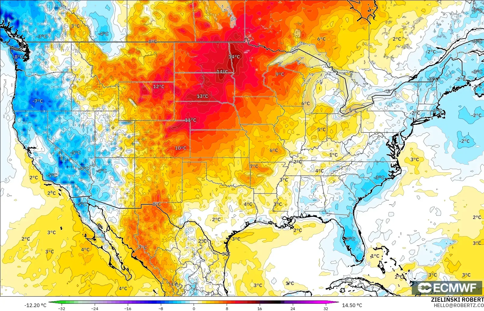 ECMWF IFS 0.25° model - Stany Zjednoczone, Anomalia temperatury na 2 m