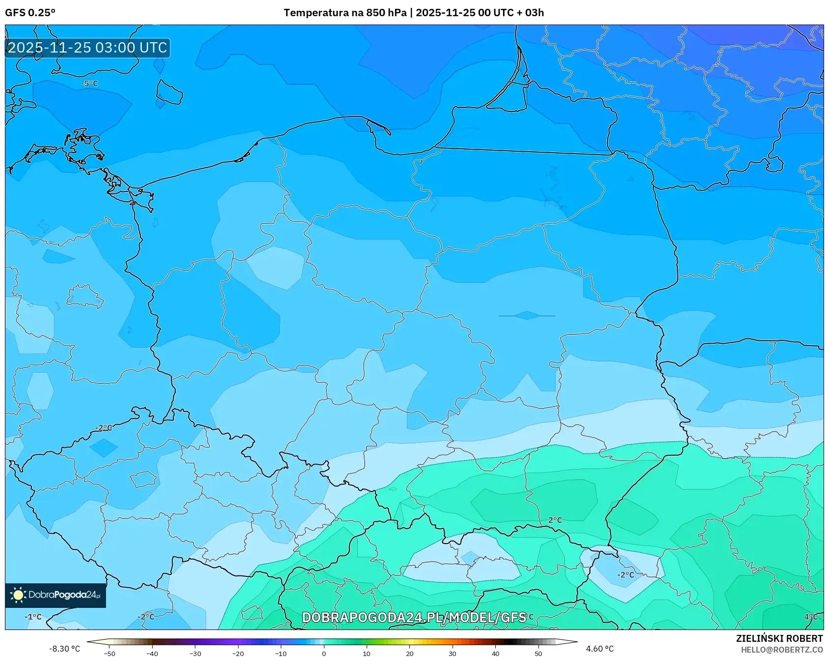 GFS model - Polska, Temperatura na 850 hPa