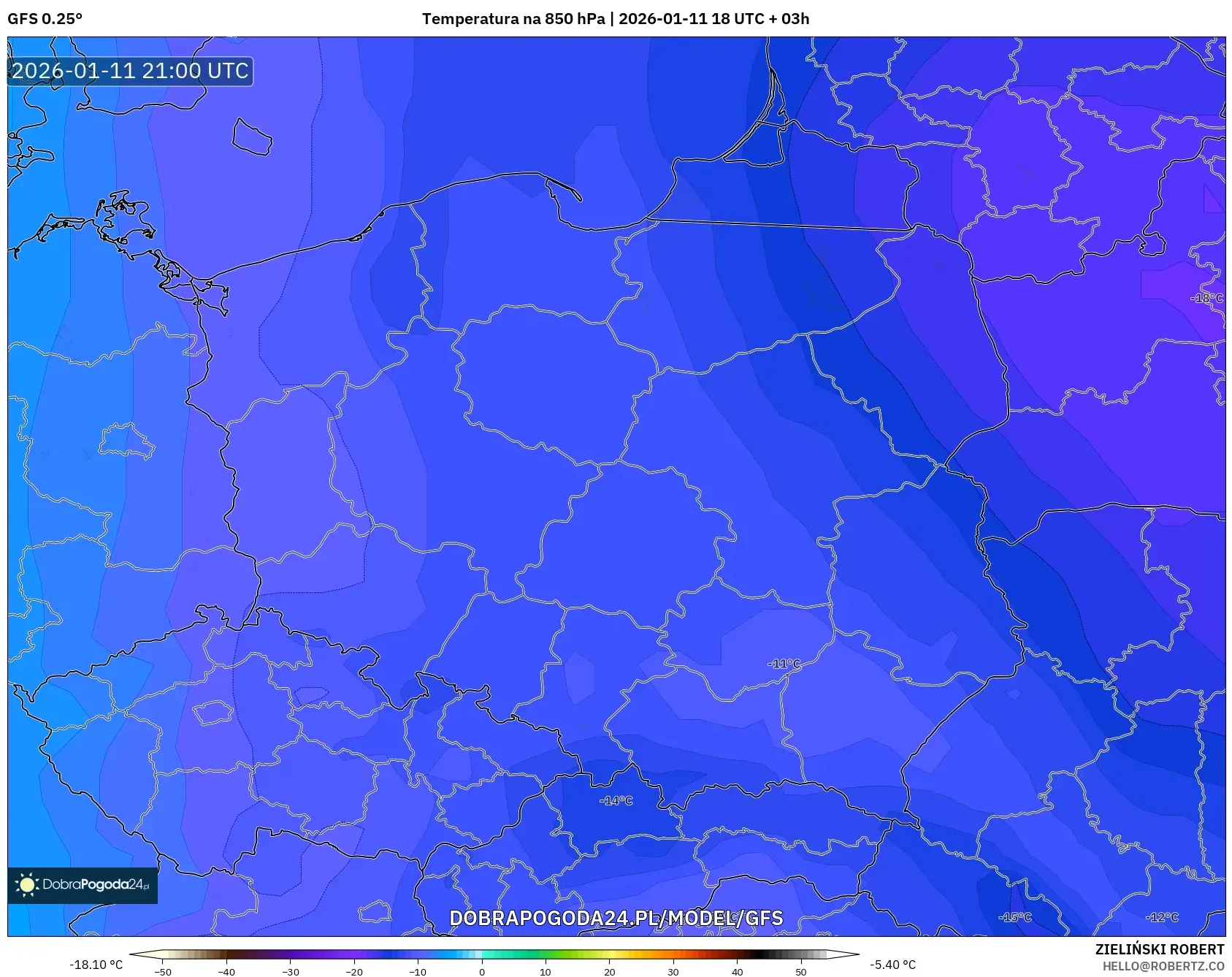 GFS model - Polska, Temperatura na 850 hPa