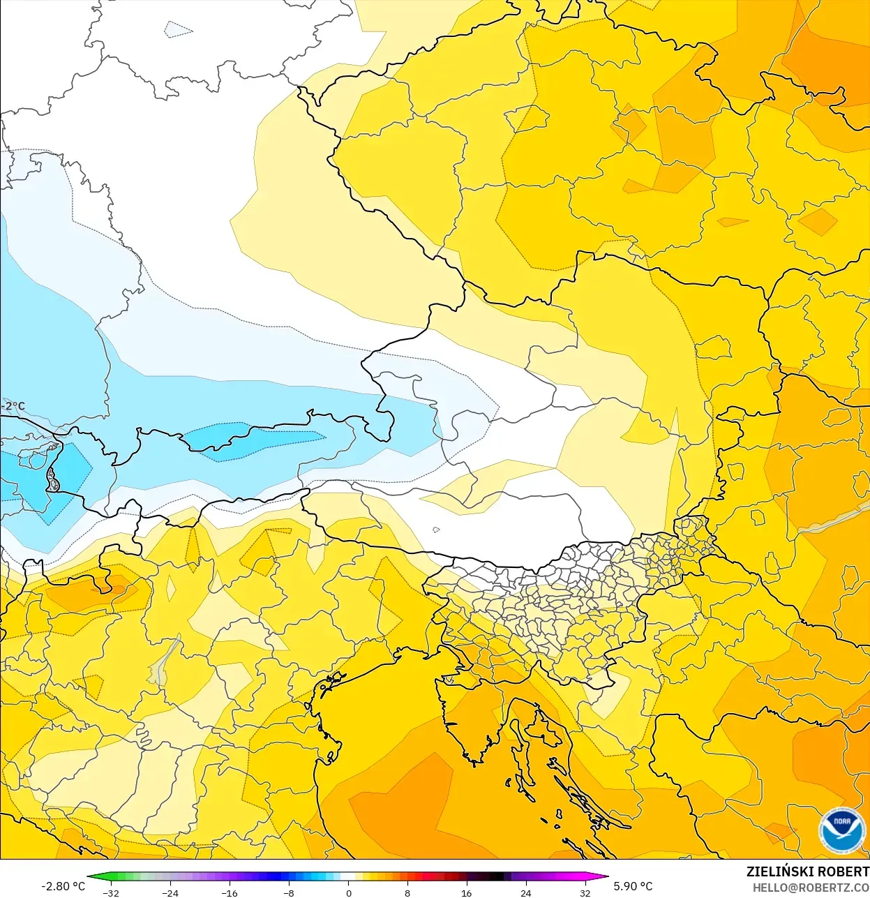 GFS model - Austria, Anomalia temperatury na 850 hPa
