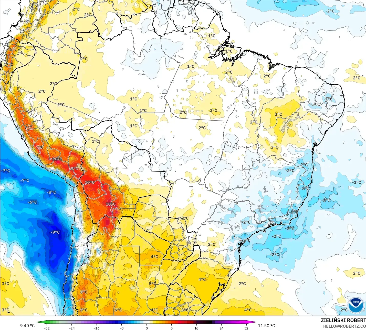 GFS model - Brazylia, Anomalia temperatury na 850 hPa