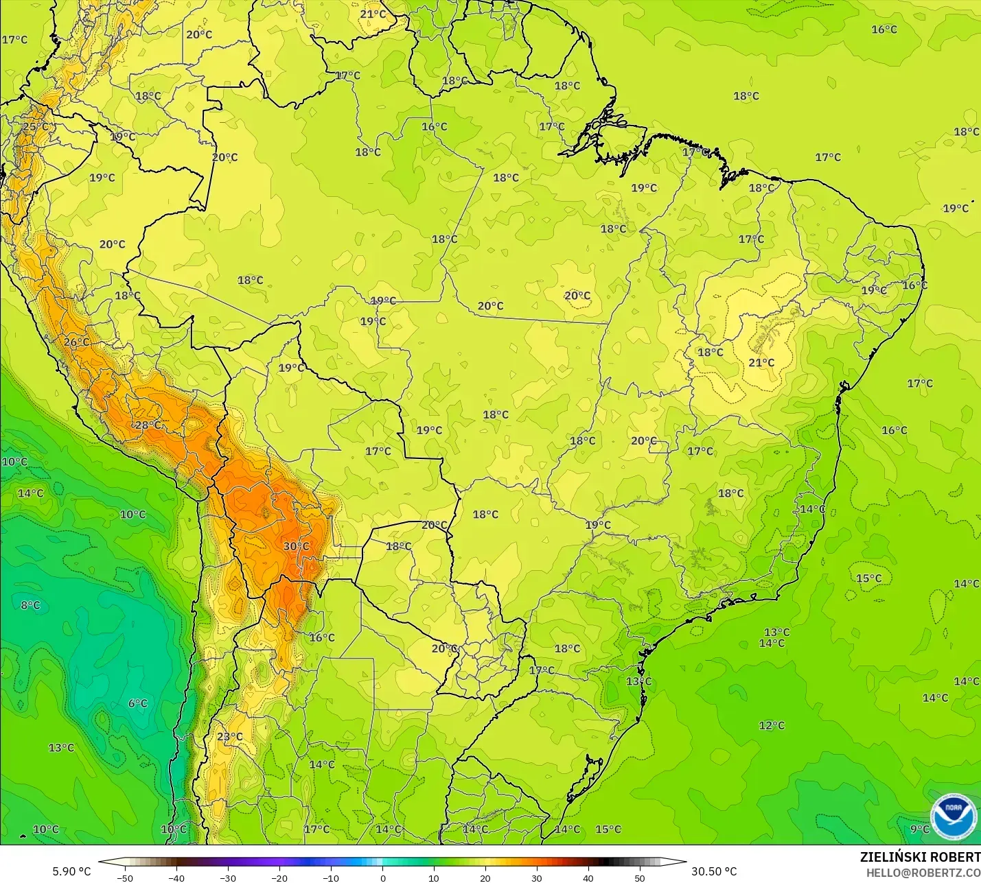 GFS model - Brazylia, Temperatura na 850 hPa