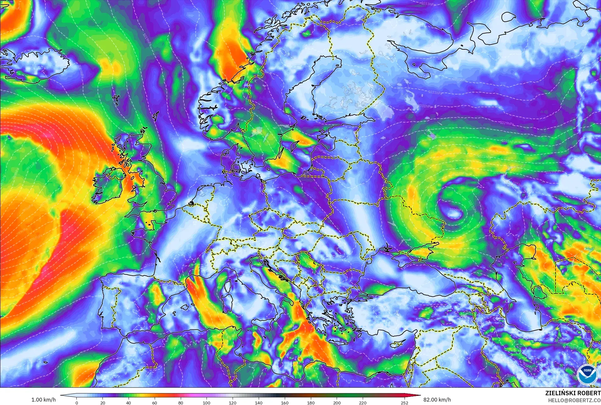 GFS model - Europa, Porywy wiatru