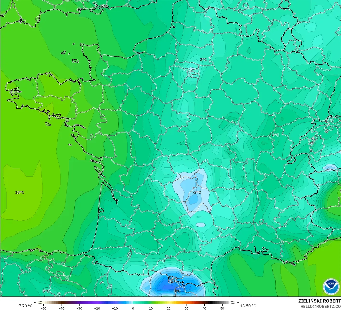 GFS model - Francja, Punkt rosy na 2 m
