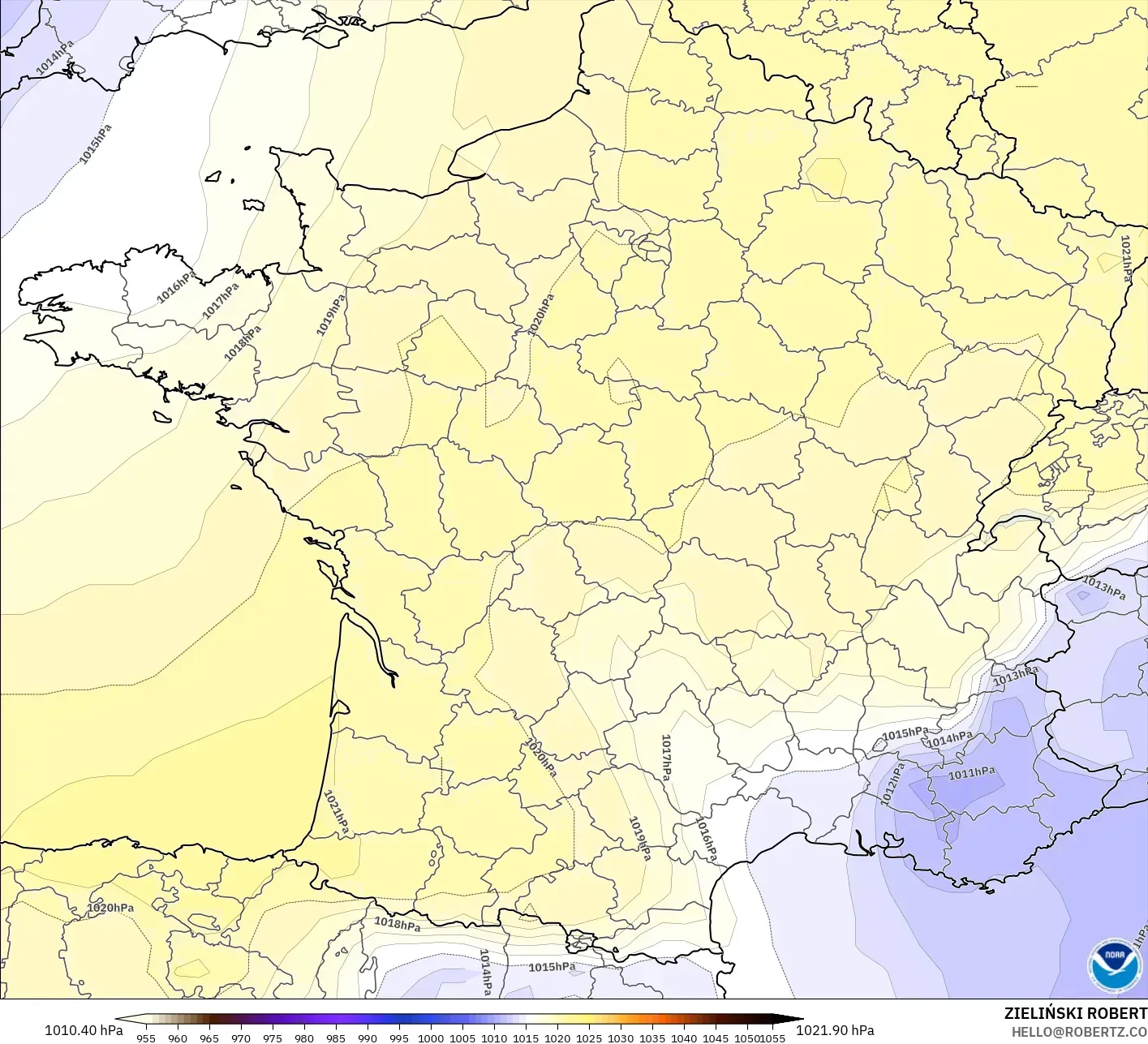GFS model - Francja, Ciśnienie