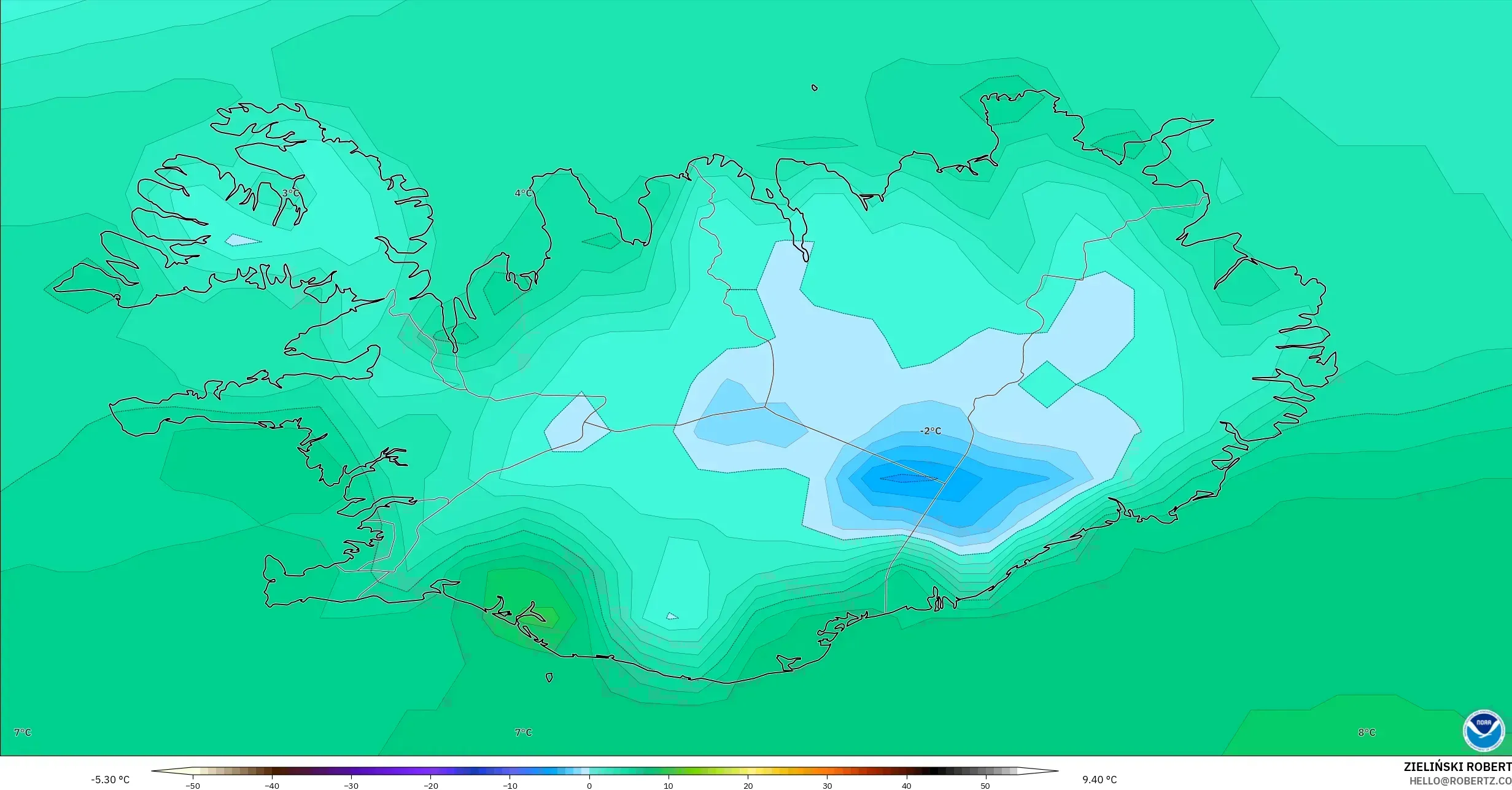 GFS model - Islandia, Temperatura na 2 m