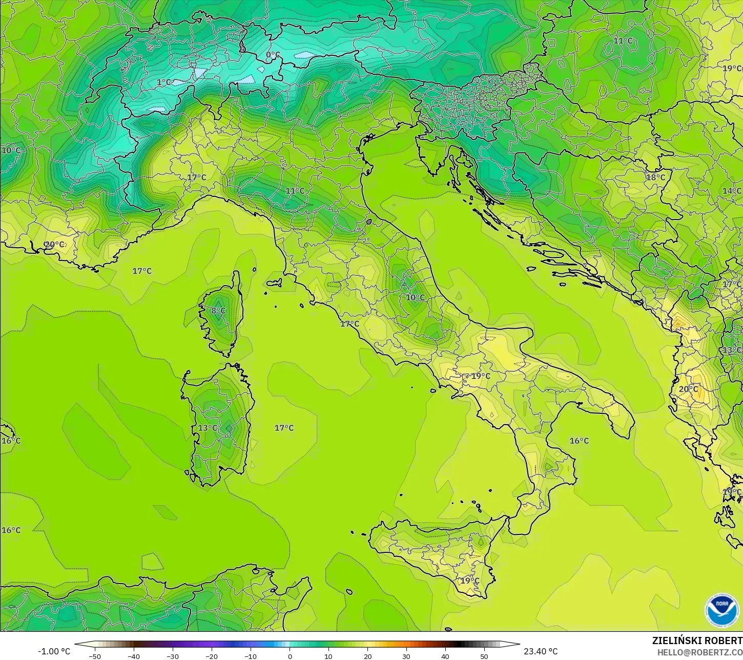 GFS model - Włochy, Temperatura na 2 m