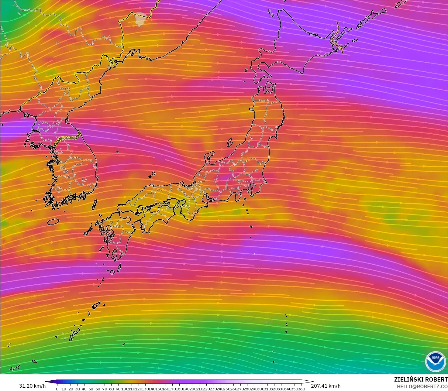 GFS model - Japonia, Wiatr na 300 hPa (prąd strumieniowy)