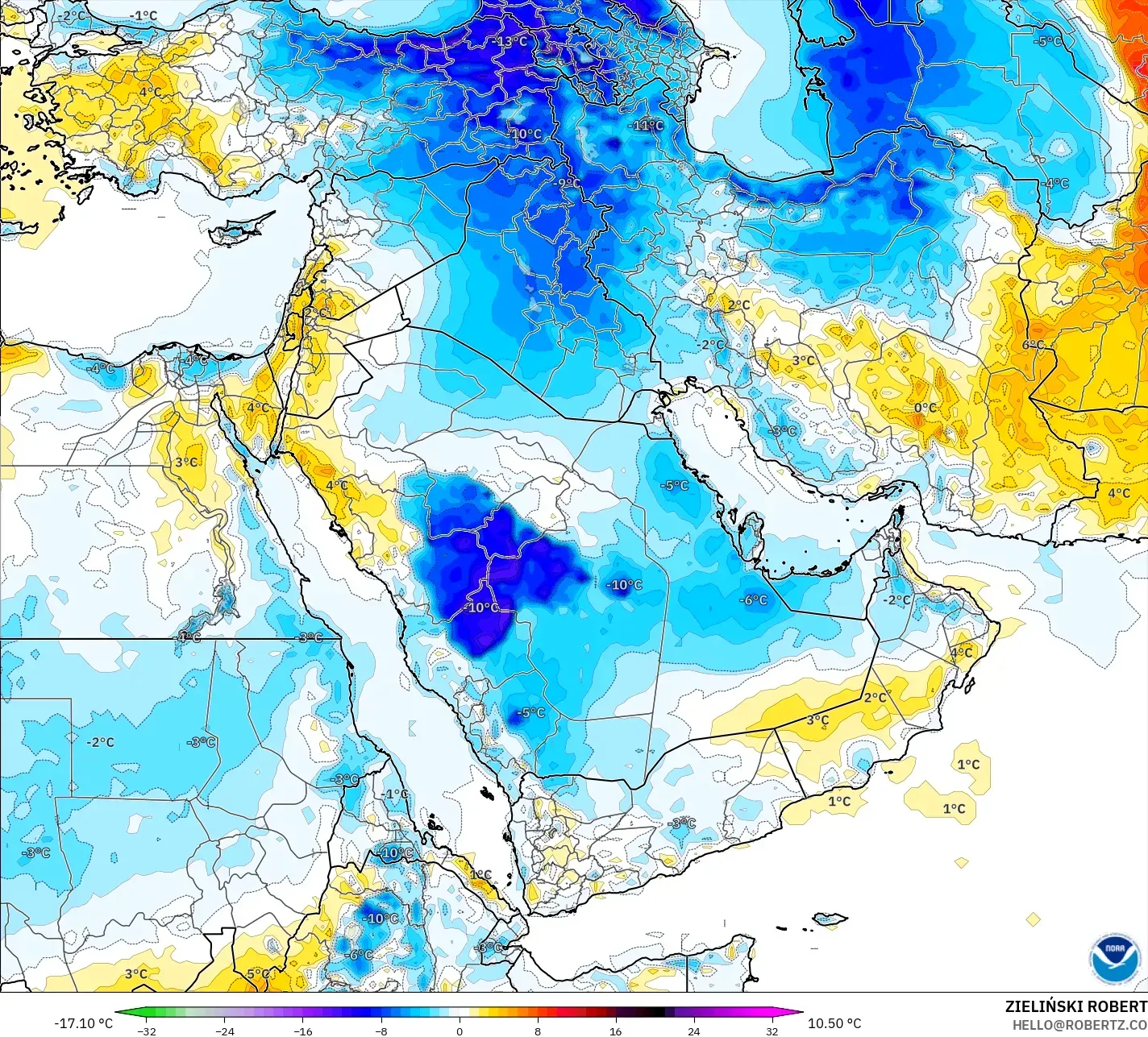 GFS model - Bliski Wschód, Anomalia temperatury na 2 m