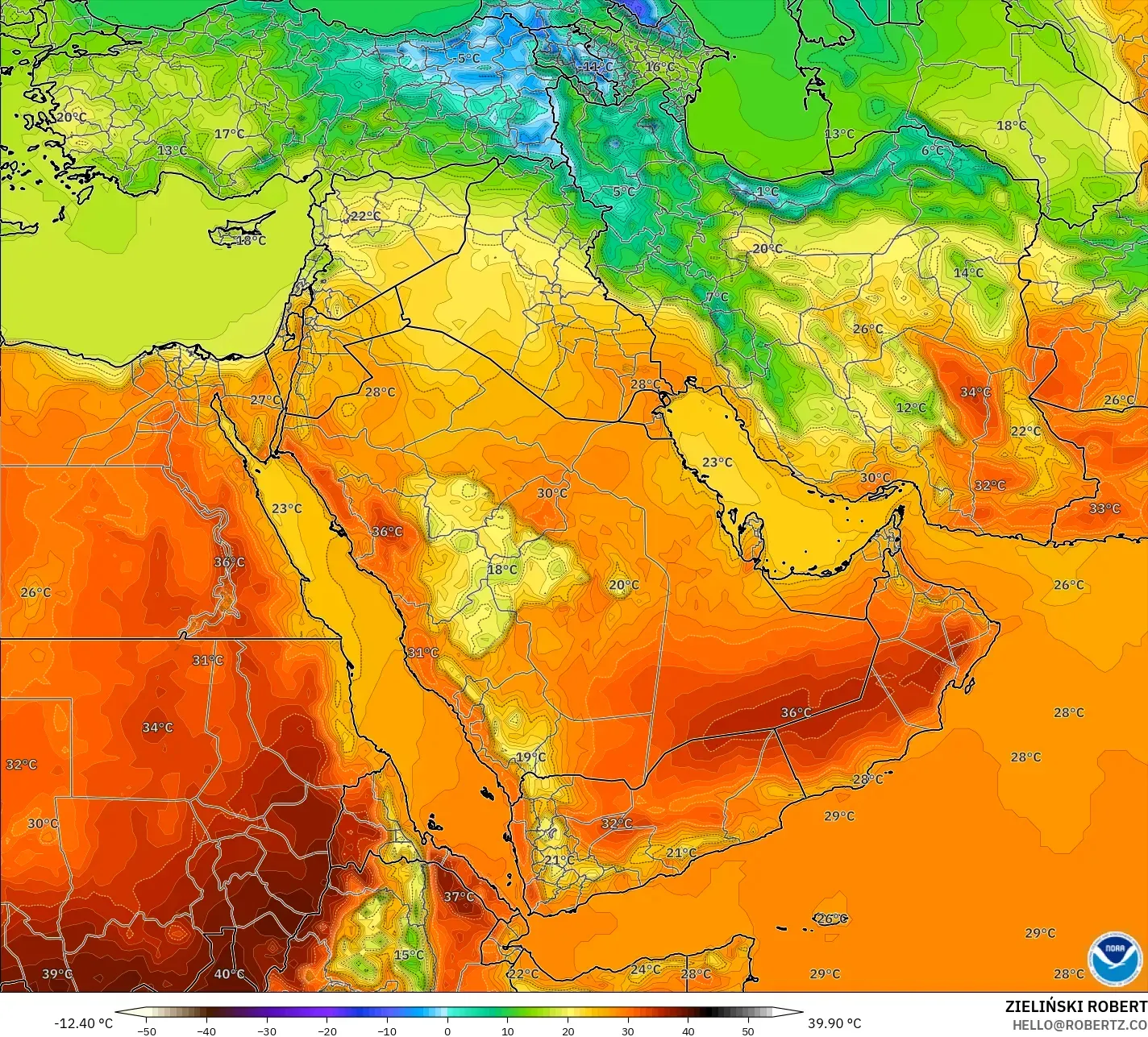 GFS model - Bliski Wschód, Temperatura na 2 m