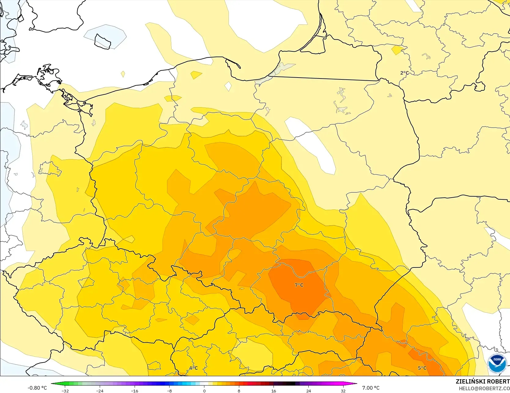 GFS model - Polska, Anomalia temperatury na 850 hPa