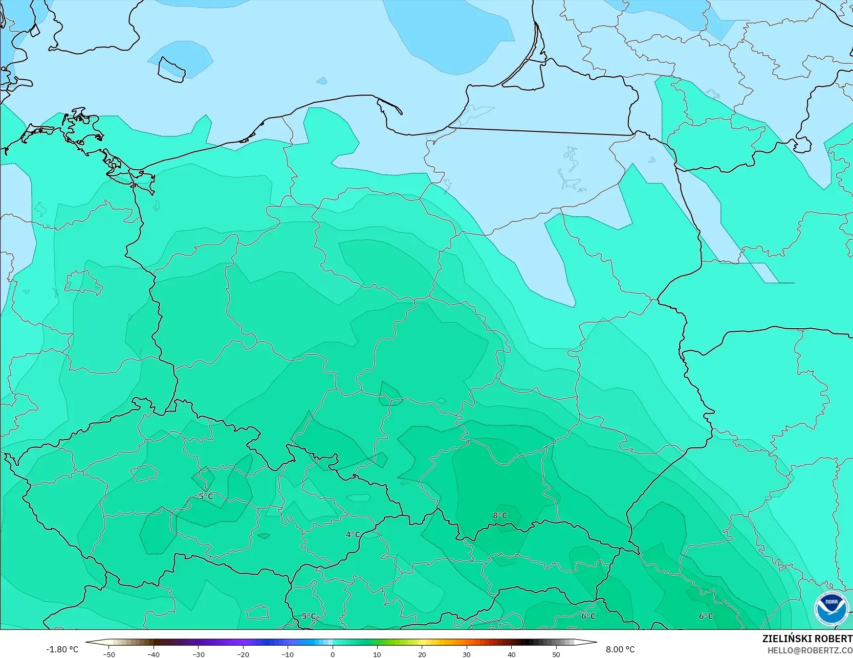 GFS model - Polska, Temperatura na 850 hPa