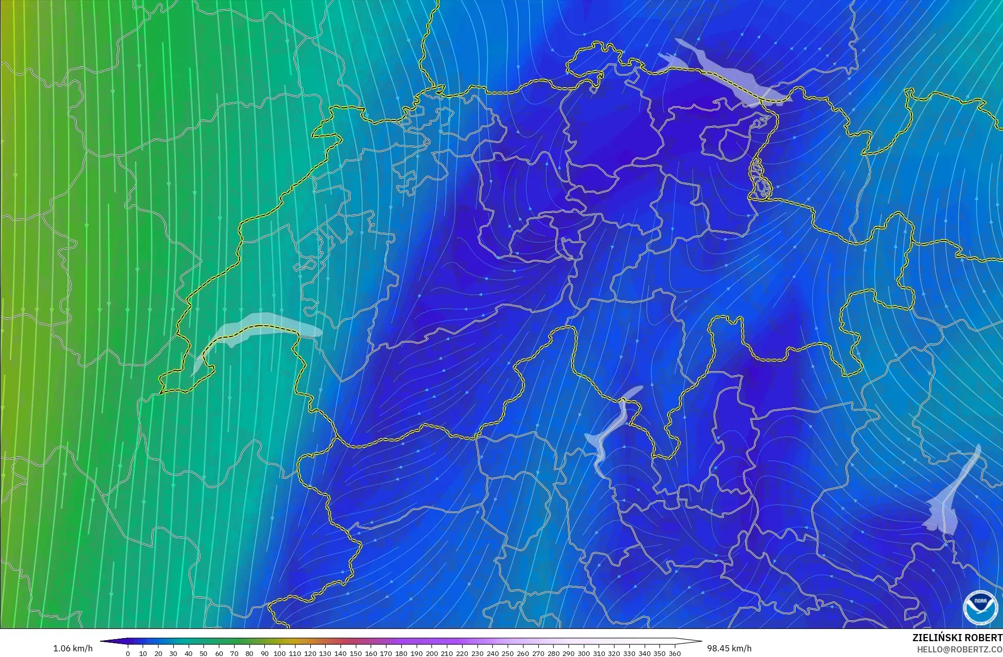 GFS model - Szwajcaria, Wiatr na 300 hPa (prąd strumieniowy)