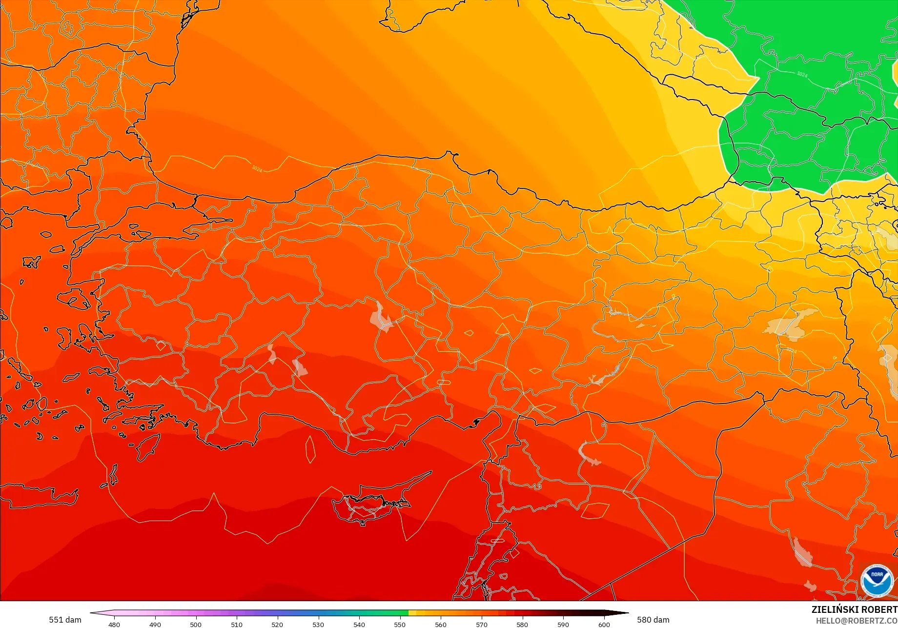 GFS model - Turcja, Wysokość geopotencjalna na poziomie 500 hPa