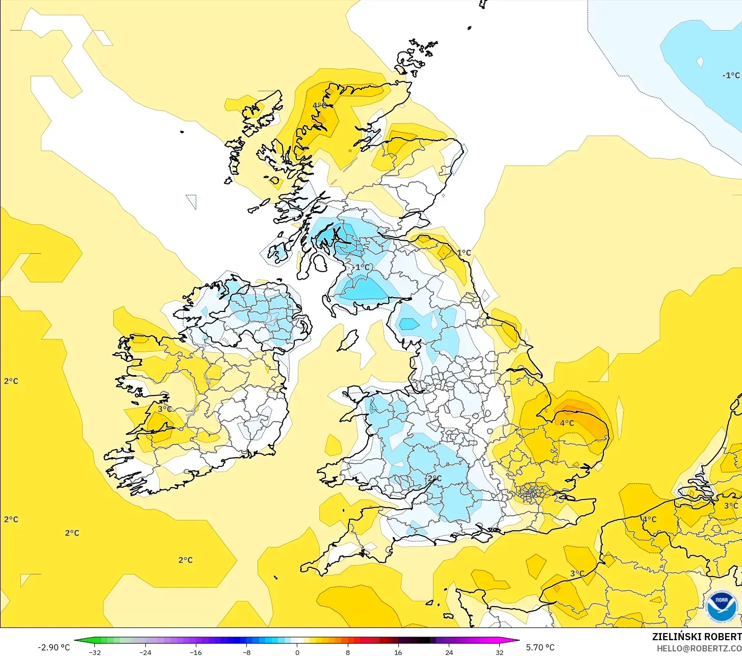 GFS model - Wielka Brytania, Anomalia temperatury na 2 m