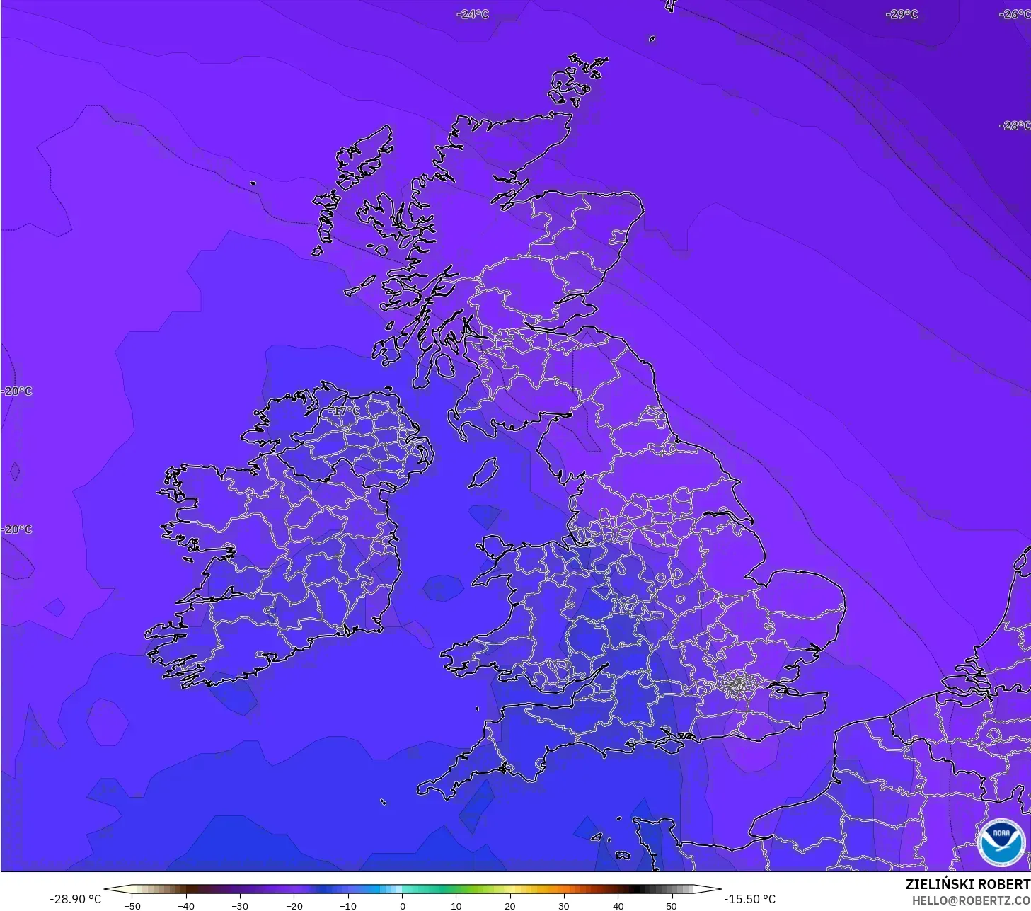 GFS model - Wielka Brytania, Temperatura na 500 hPa