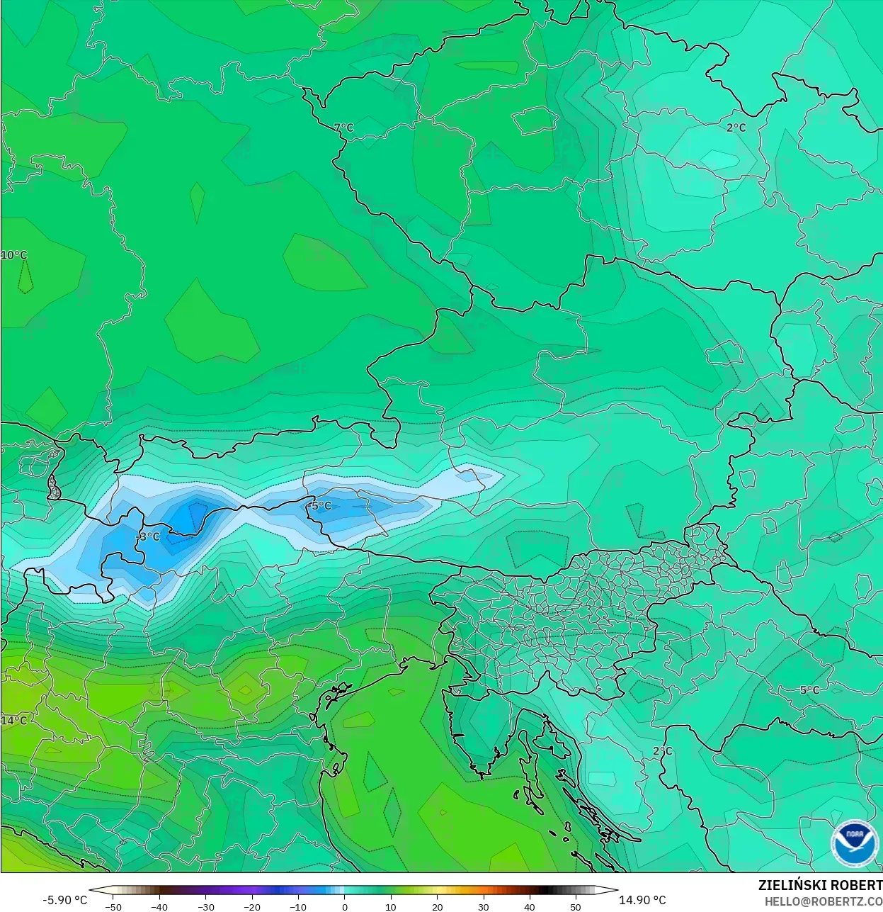 GFS model - Austria, Punkt rosy na 2 m