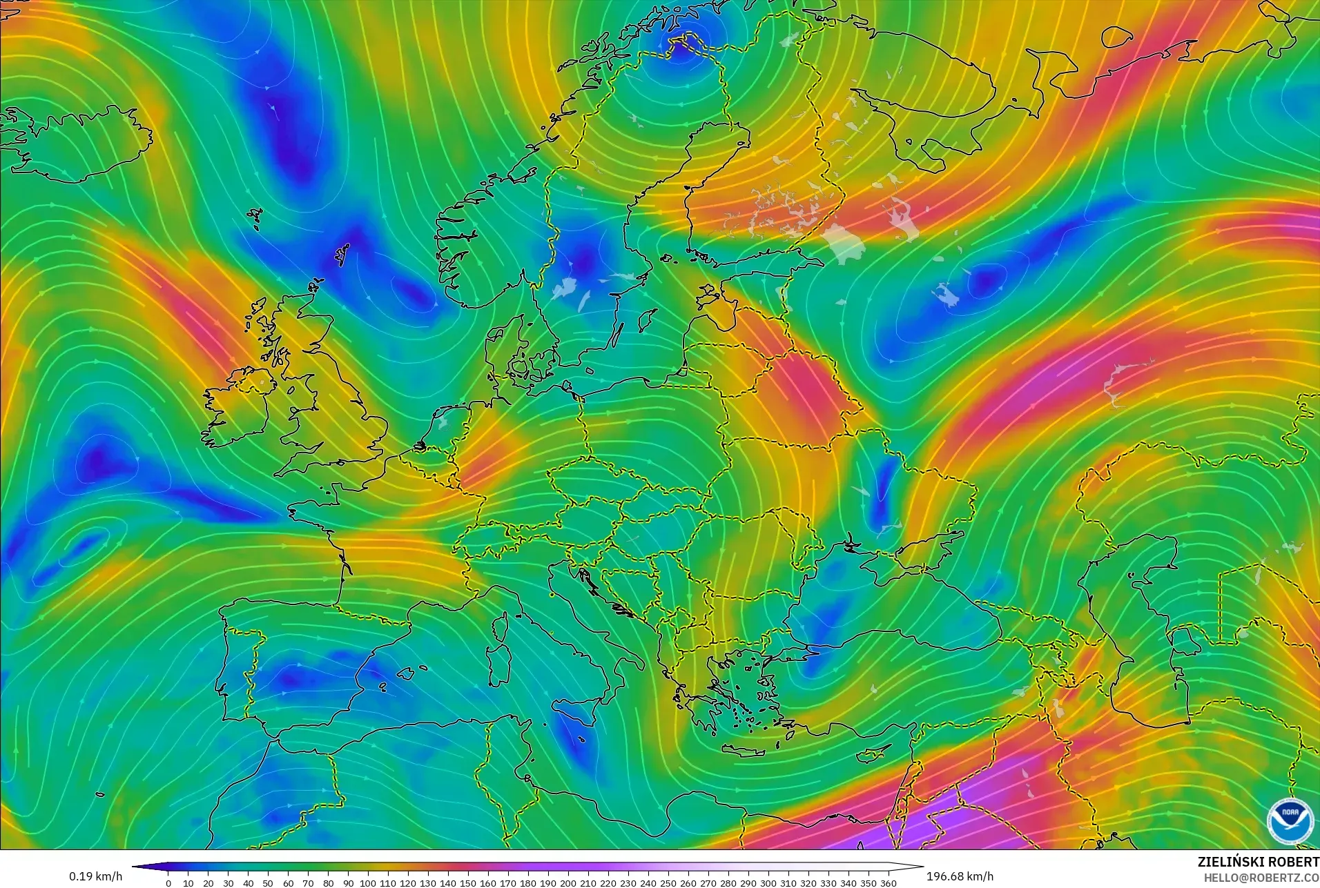GFS model - Europa, Wiatr na 300 hPa (prąd strumieniowy)