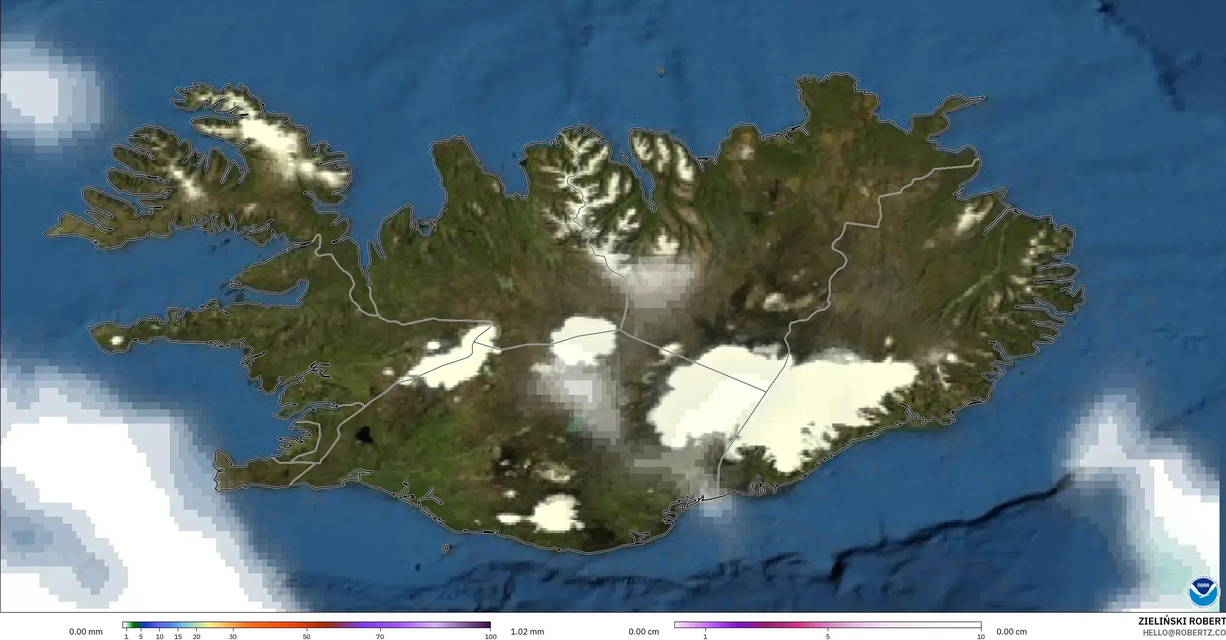 GFS model - Islandia, Opady, chmury i ciśnienie
