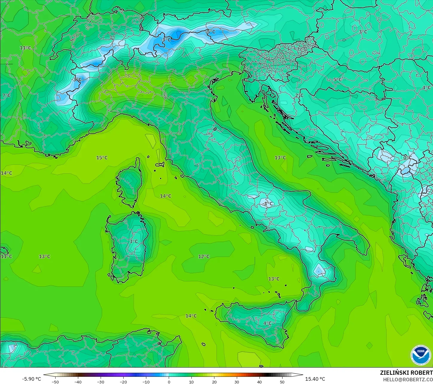 GFS model - Włochy, Punkt rosy na 2 m