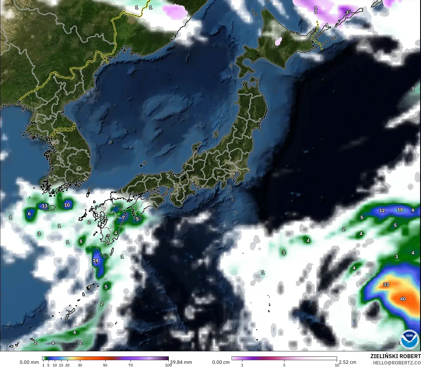 GFS model - Japonia, Opady, chmury i ciśnienie