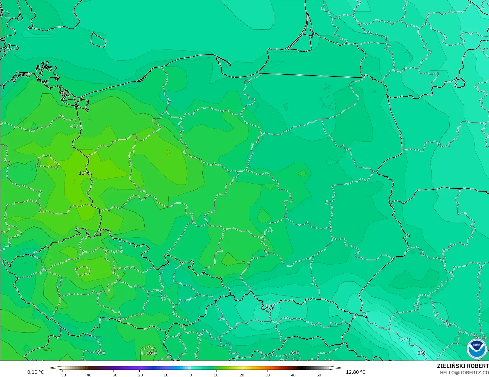GFS model - Polska, Temperatura na 2 m