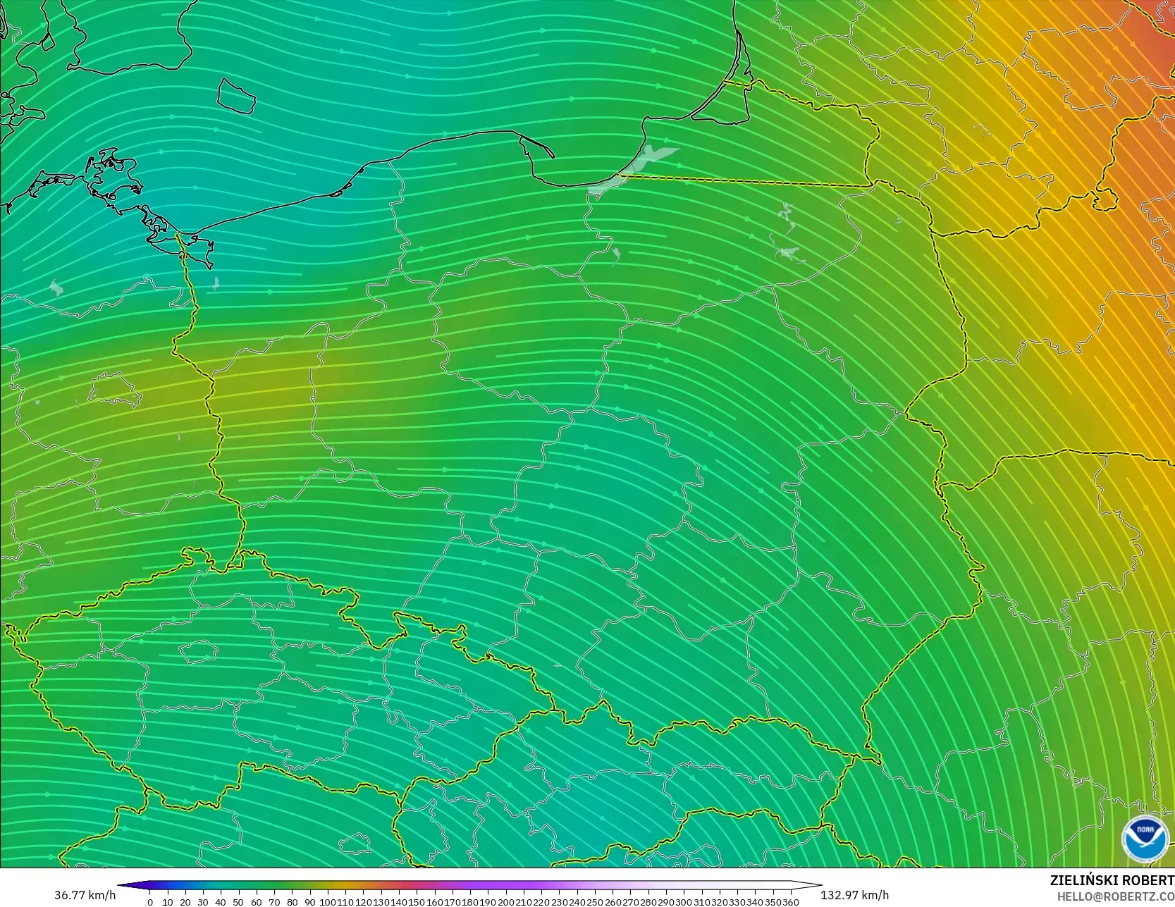 GFS model - Polska, Wiatr na 300 hPa (prąd strumieniowy)