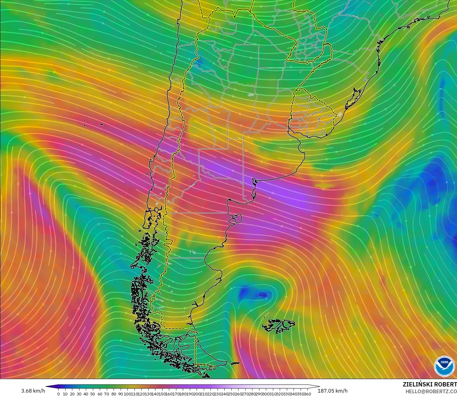 GFS model - Argentyna, Wiatr na 300 hPa (prąd strumieniowy)