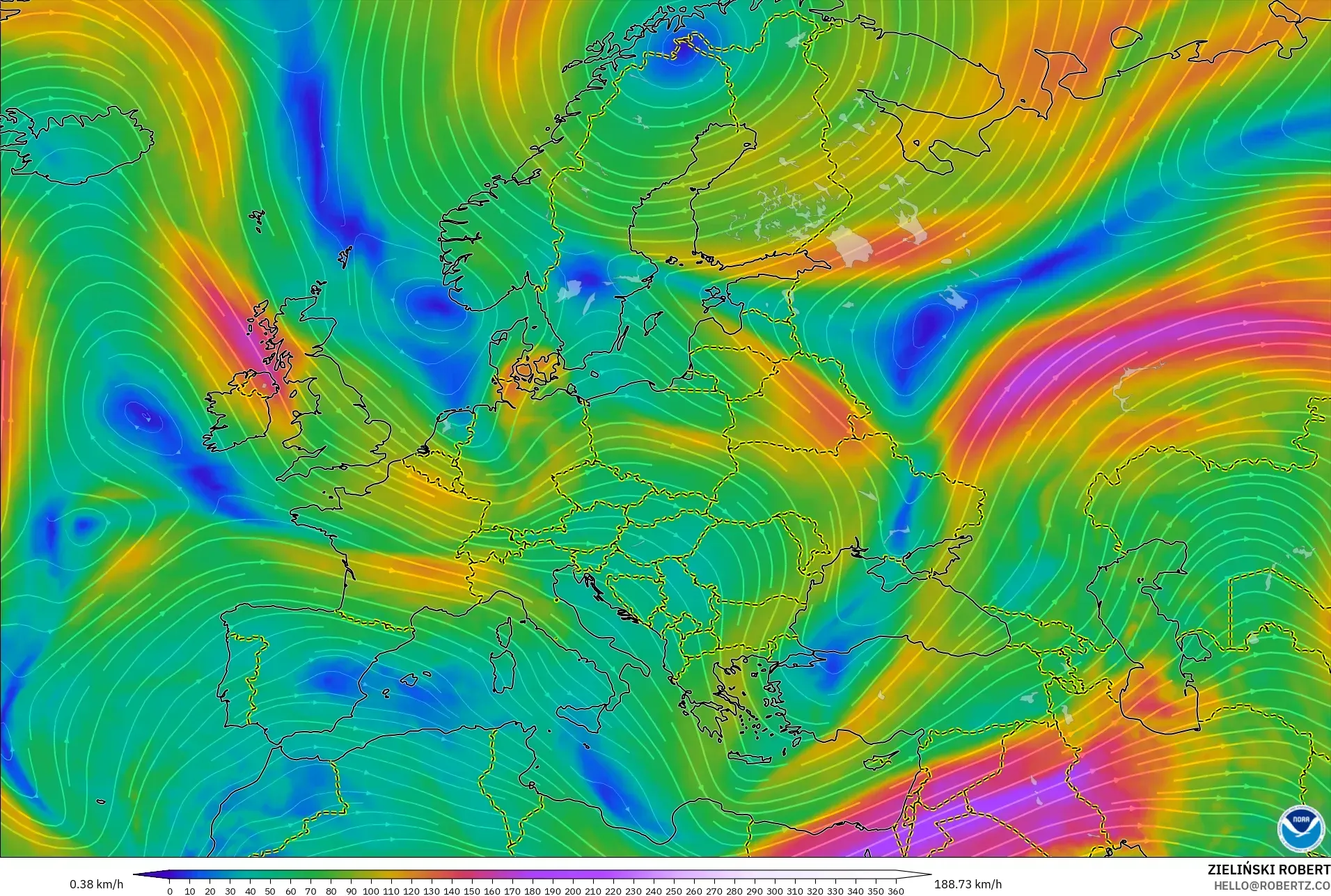 GFS model - Europa, Wiatr na 300 hPa (prąd strumieniowy)