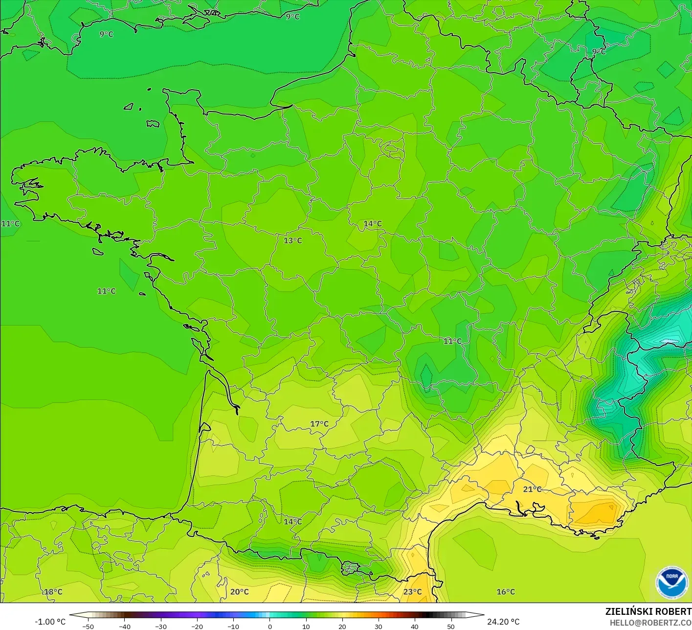 GFS model - Francja, Temperatura na 2 m