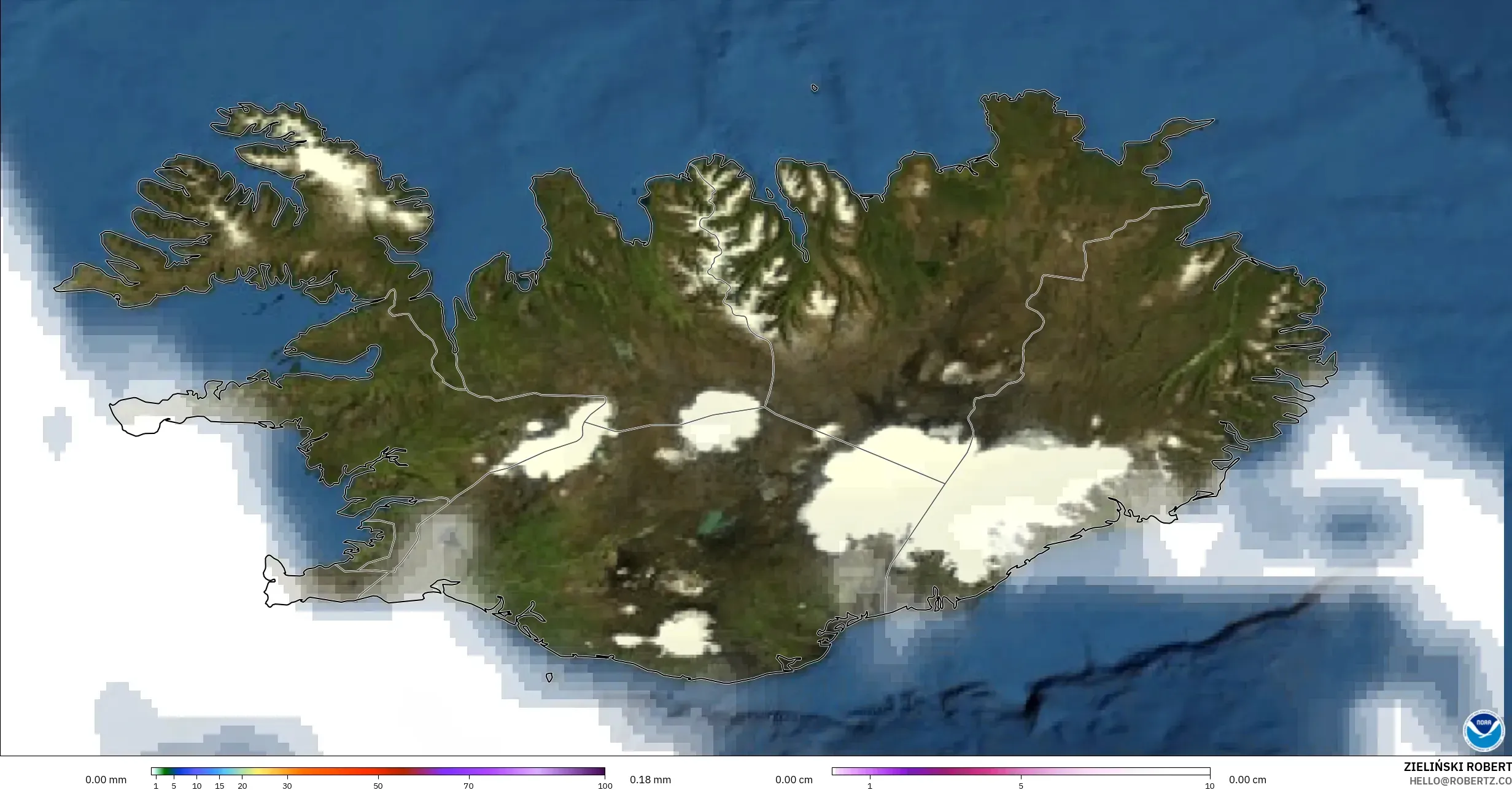GFS model - Islandia, Opady, chmury i ciśnienie