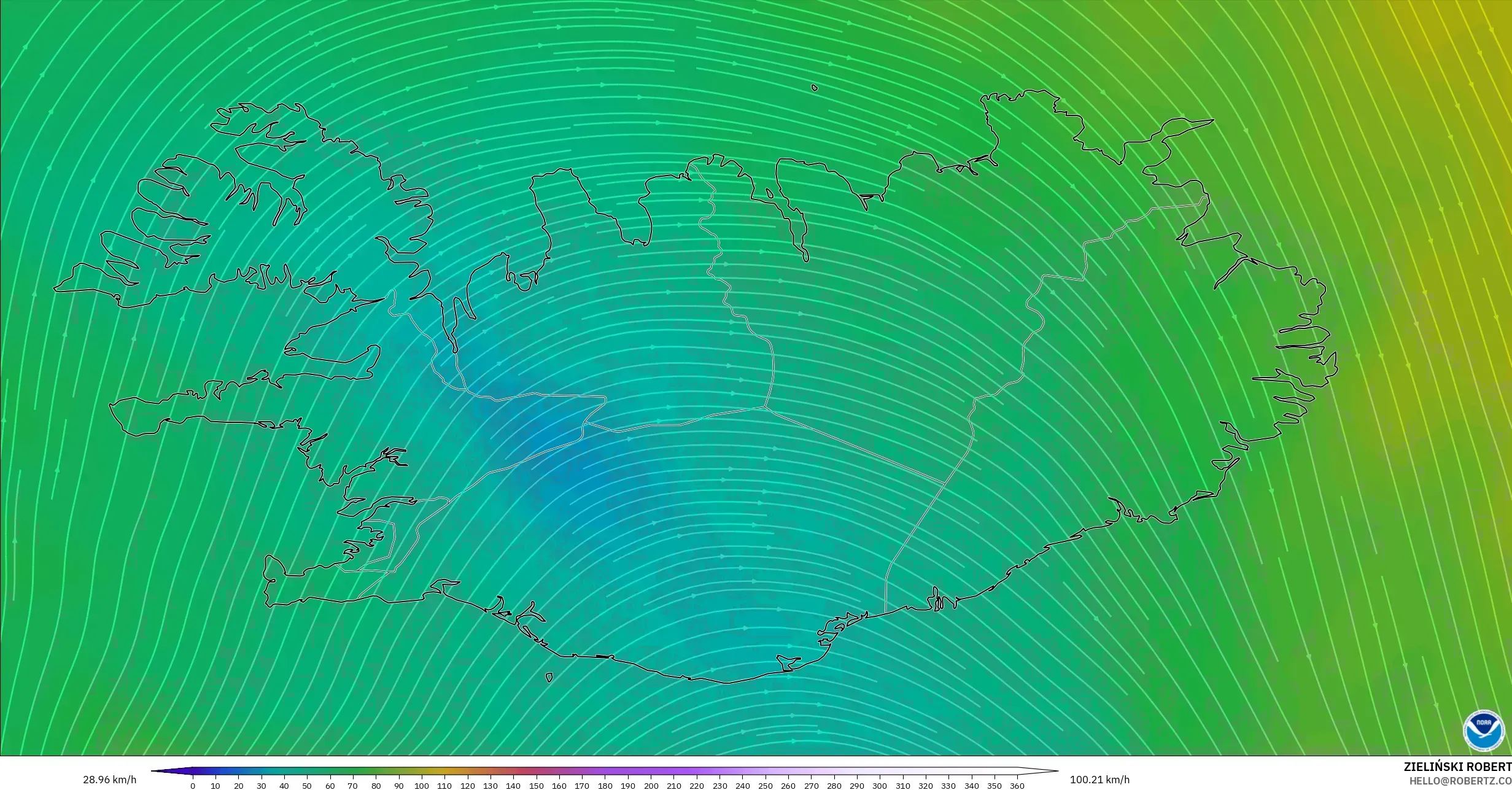 GFS model - Islandia, Wiatr na 300 hPa (prąd strumieniowy)
