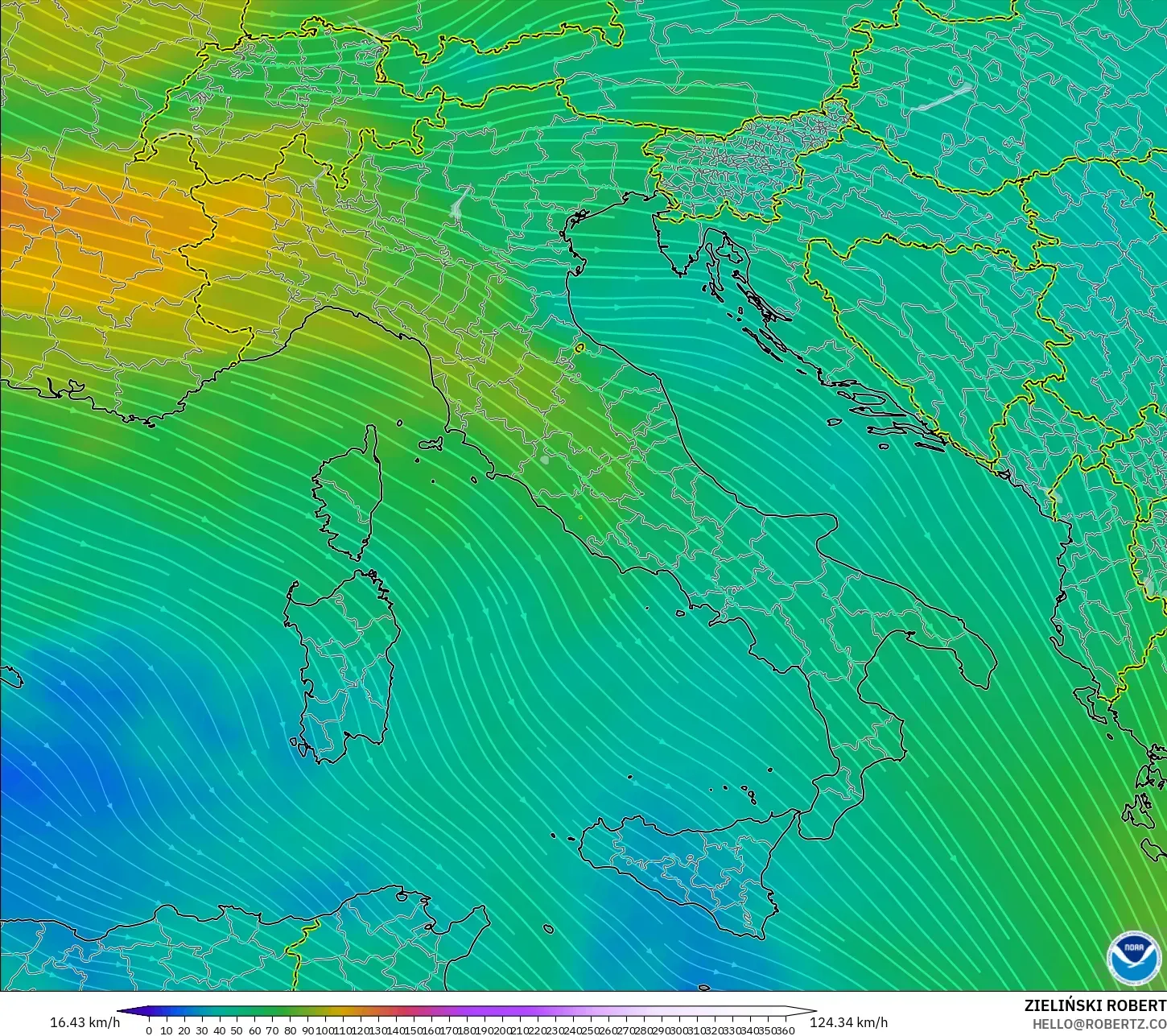 GFS model - Włochy, Wiatr na 300 hPa (prąd strumieniowy)