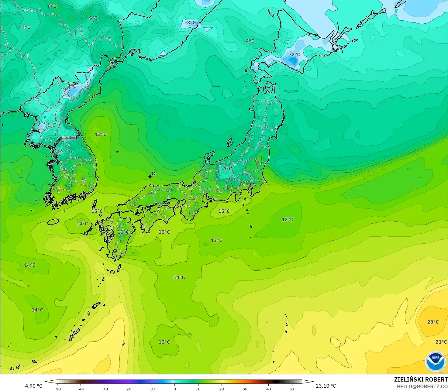 GFS model - Japonia, Punkt rosy na 2 m